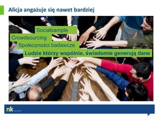 Alicja angażuje się nawet bardziej


          Socialsample
 Crowdsourcing
   Społeczności badawcze
      Ludzie którzy wspólnie, świadomie generują dane
 