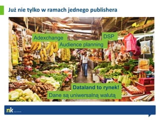 Już nie tylko w ramach jednego publishera



         Adexchange                DSP
                  Audience planning




                        Dataland to rynek!
               Dane są uniwersalną walutą
 
