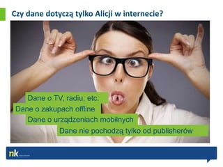 Czy dane dotyczą tylko Alicji w internecie?




    Dane o TV, radiu, etc.
 Dane o zakupach offline
    Dane o urządzeniach mobilnych
             Dane nie pochodzą tylko od publisherów
 