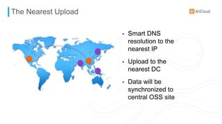 The Nearest Upload
• Smart DNS
resolution to the
nearest IP
• Upload to the
nearest DC
• Data will be
synchronized to
central OSS site
 
