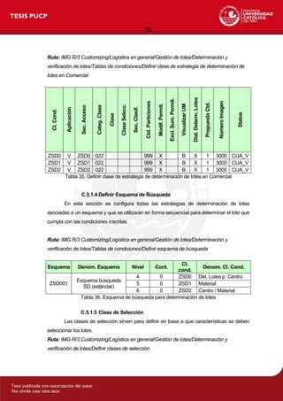 90
Ruta: IMG R/3 Customizing/Logística en general/Gestión de lotes/Determinación y
verificación de lotes/Tablas de condiciones/Definir clase de estrategia de determinación de
lotes en Comercial
Cl.Cond.
Aplicación
Sec.Acceso
Categ.Clase
Clase
ClaseSelecc.
Sec.Clasif.
Ctd.Particiones
Modif.Permit.
Excl.Sum.Permit.
VisualizarUM
Dial.Determ.Lotes
PropuestaCtd.
NúmeroImagen
Status
ZSD0 V ZSD0 022 999 X B X 1 3000 CUA_V
ZSD1 V ZSD1 022 999 X B X 1 3000 CUA_V
ZSD2 V ZSD2 022 999 X B X 1 3000 CUA_V
Tabla 35. Definir clase de estrategia de determinación de lotes en Comercial
C.5.1.4 Definir Esquema de Búsqueda
En esta sección se configura todas las estrategias de determinación de lotes
asociadas a un esquema y que se utilizarán en forma secuencial para determinar el lote que
cumpla con las condiciones inscritas.
Ruta: IMG R/3 Customizing/Logística en general/Gestión de lotes/Determinación y
verificación de lotes/Tablas de condiciones/Definir esquema de búsqueda
Esquema Denom. Esquema Nivel Cont.
Cl.
cond.
Denom. Cl. Cond.
4 0 ZSD0 Det. Lotes p. Centro
5 0 ZSD1 MaterialZSD001
Esquema búsqueda
SD (estándar)
6 0 ZSD2 Centro / Material
Tabla 36. Esquema de búsqueda para determinación de lotes
C.5.1.5 Clase de Selección
Las clases de selección sirven para definir en base a que características se deben
seleccionar los lotes.
Ruta: IMG R/3 Customizing/Logística en general/Gestión de lotes/Determinación y
verificación de lotes/Definir clases de selección
 