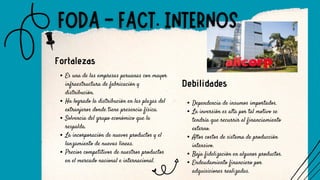 Fortalezas
Debilidades
Es una de las empresas peruanas con mayor
infraestructura de fabricación y
distribución.
Ha logrado la distribución en las plazas del
extranjeros donde tiene presencia física.
Solvencia del grupo económico que la
respalda.
La incorporación de nuevos productos y el
lanzamiento de nuevas líneas.
Precios competitivos de nuestros productos
en el mercado nacional e internacional.
Dependencia de insumos importados.
La inversión es alta por tal motivo se
tendría que recurrir al financiamiento
externo.
Altos costos de sistema de producción
intensivo.
Baja fidelización en algunos productos.
Endeudamiento financiero por
adquisiciones realizadas.
 