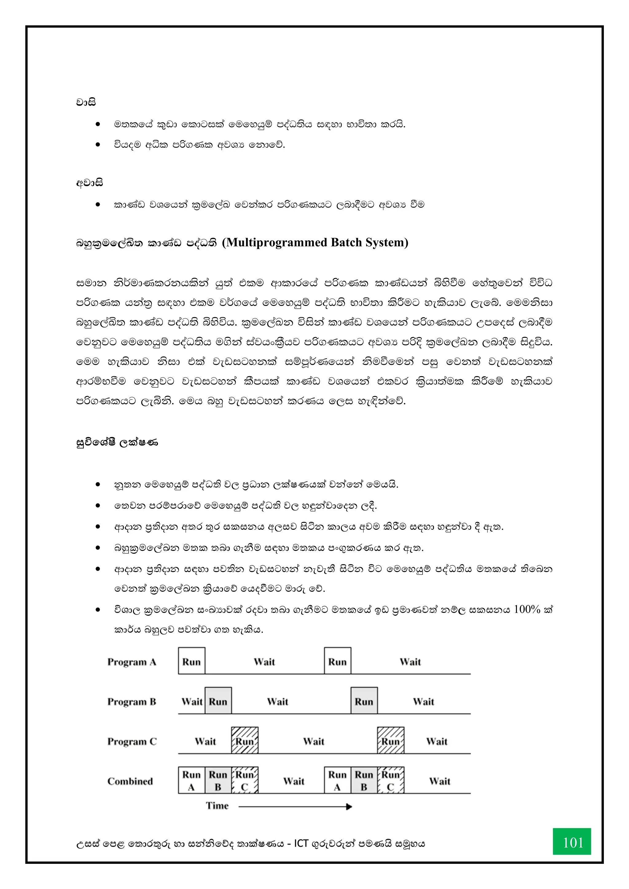උසස් තපළ තතොරතුරු හො සන්නිතේද තොක්ෂණය - ICT ගුරුවරුන්න පමණයි සමූහය 101
jdis
• u;lfha l==vd fldgila fufyhqï moaO;sh i`oyd Ndú;d lrhs'
• úhou wêl mß.Kl wjYH fkdfõ'
wjdis
• ldKav jYfhka l%uf,aL fjkalr mß.Klhg ,nd§ug wjYH ùu
nyql%uf,aÅ; ldKav moaO;s (Multiprogrammed Batch System)
iudk ks¾udKlrkhlska hq;a tlu wdldrfha mß.Kl ldKavhka ìysùu fya;=fjka úúO
mß.Kl hka;% i`oyd tlu j¾.fha fufyhqï moaO;s Ndú;d lsÍug yelshdj ,efí' fuuksid
nyqf,aÅ; ldKav moaO;s ìysúh' l%uf,aLk úiska ldKav jYfhka mß.Klhg Wmfoia ,nd§u
fjkqjg fufyhqï moaO;sh u.ska iajhxl%Shj mß.Klhg wjYH mßÈ l%uf,aLk ,nd§u isÿúh'
fuu yelshdj ksid tla jevigykla iïmQ¾Kfhka ksuùfuka miq fjk;a jevigykla
wdrïNùu fjkqjg jevigyka lSmhla ldKav jYfhka tljr l%shd;aul lsÍfï yelshdj
mß.Klhg ,eìks' fuh nyq jevigyka lrKh f,i ye`Èkafõ'
සුවිතශ්ෂී ලක්ෂණ
• නූතන තමතහයුම් පද්ධති වල ප්‍රධොන ලක්ෂණයක් වන්නතන්න තමයයි.
• තතවන පරම්පරොතේ තමතහයුම් පද්ධති වල හඳුන්නවොතදන ලදී.
• ආදොන ප්‍රතිදොන අතර තුර සකසනය අලසව සිටින කොලය අවම කිරීම සඳහො හඳුන්නවො දී ඇත.
• බහුක්‍රමතල්ඛ්‍න මතක තබො ගැනීම සඳහො මතකය පංගුකරණය කර ඇත.
• ආදොන ප්‍රතිදොන සඳහො පවතින වැඩසටහන්න නැවැතී සිටින විට තමතහයුම් පද්ධතිය මතකතේ තිතබන
තවනත් ක්‍රමතල්ඛ්‍න ක්‍රියොතේ තයදීමට මොරු තේ.
• විශොල ක්‍රමතල්ඛ්‍න සංඛ්‍යොවක් රදවො තබො ගැනීමට මතකතේ ඉඩ ප්‍රමොණවත් නම්, සකසනය 100% ක්
කොර්ය බහුලව පවත්වො ගත හැකිය.
 