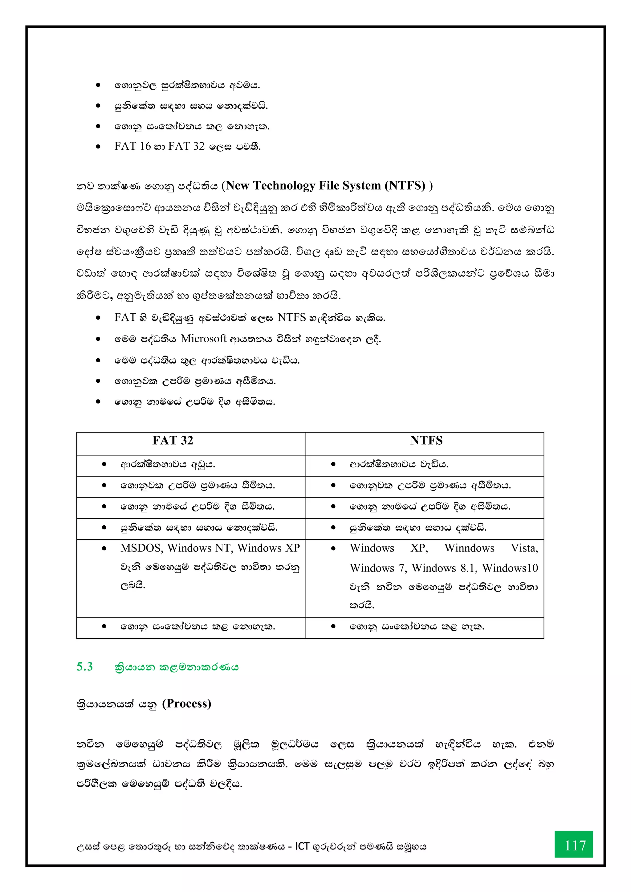 උසස් තපළ තතොරතුරු හො සන්නිතේද තොක්ෂණය - ICT ගුරුවරුන්න පමණයි සමූහය 117
• f.dkqj, iqrlaIs;Ndjh wjuh'
• hqksfla; i`oyd iyh fkdolajhs'
• f.dkq ixfldapkh l, fkdyel'
• FAT 16 yd FAT 32 f,i mj;S'
නව තොක්ෂණ තගොනු පද්ධතිය (New Technology File System (NTFS) )
මයිතක්‍රොතසො ්ට් ආයතනය විසින්න වැඩිදියුනු කර එහි හිමිකොරිත්වය ඇති තගොනු පද්ධතියකි. තමය තගොනු
විභජන වගුතවහි වැඩි දියුණු වූ අවස්ථොවකි. තගොනු විභජන වගුතවිදී කළ තනොහැකි වූ තැටි සම්බන්නධ
තදෝෂ ස්වයංක්‍රීයව ප්‍රකෘති තත්වයට පත්කරයි. විශල දෘඩ තැටි සඳහො සහතයෝීතොවය වර්ධනය කරයි.
වඩොත් තහොඳ ආරක්ෂොවක් සඳහො විතශ්ෂිත වූ තගොනු සඳහො අවසරලත් පරිශීලකයන්නට ප්‍රතේශය සීමො
කිරීමට, අනුමැතියක් හො ගුප්තතක්තනයක් භොවිතො කරයි.
• FAT ys jeäÈhqKq wjia:djla f,i NTFS ye`Èkaúh yelsh'
• fuu moaO;sh Microsoft wdh;kh úiska y`ÿkajdfok ,§'
• fuu moaO;sh ;=, wdrlaIs;Ndjh jeäh'
• f.dkqjl Wmßu m%udKh wiSñ;h'
• f.dkq kdufha Wmßu È. wiSñ;h'
5.3 ක්‍රියායන කළමනාකරණය
ls%hdhkhla hkq (Process)
kùk fufyhqï moaO;sj, uQ,sl uQ,O¾uh f,i l%shdhkhla ye`Èkaúh yel' tkï
l%uf,aLkhla Odjkh lsÍu l%shdhkhls' fuu ie,iqu m,uq jrg bÈßm;a lrk ,oafoa nyq
mßYS,l fufyhqï moaO;s j,§h'
FAT 32 NTFS
• wdrlaIs;Ndjh wvqh' • wdrlaIs;Ndjh jeäh'
• f.dkqjl Wmßu m%udKh iSñ;h' • f.dkqjl Wmßu m%udKh wiSñ;h'
• f.dkq kdufha Wmßu È. iSñ;h' • f.dkq kdufha Wmßu È. wiSñ;h'
• hqksfla; i`oyd iydh fkdolajhs' • hqksfla; i`oyd iydh olajhs'
• MSDOS, Windows NT, Windows XP
jeks fufyhqï moaO;sj, Ndú;d lrkq
,nhs'
• Windows XP, Winndows Vista,
Windows 7, Windows 8.1, Windows10
jeks kùk fufyhqï moaO;sj, Ndú;d
lrhs'
• f.dkq ixfldapkh l< fkdyel' • f.dkq ixfldapkh l< yel'
 