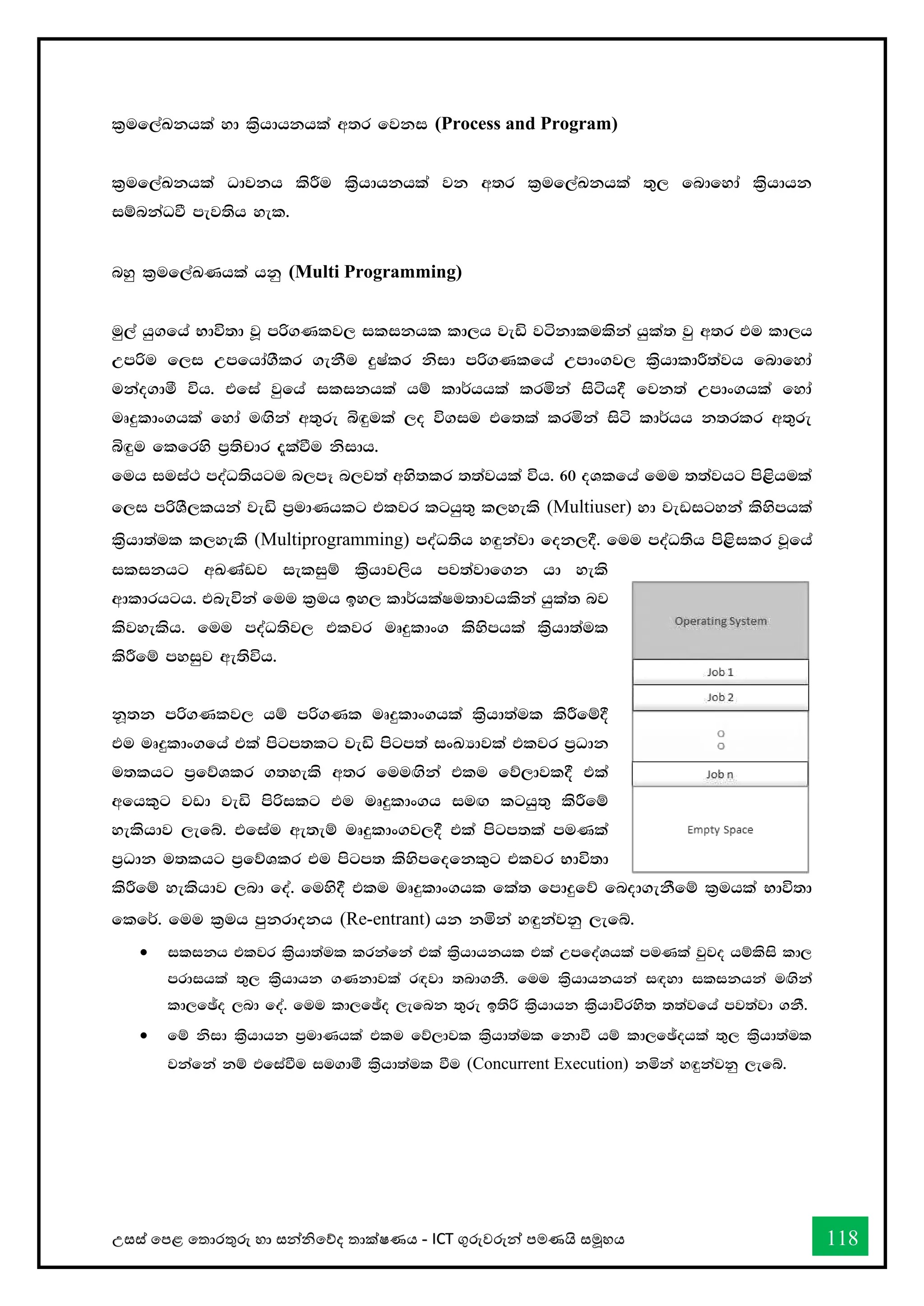 උසස් තපළ තතොරතුරු හො සන්නිතේද තොක්ෂණය - ICT ගුරුවරුන්න පමණයි සමූහය 118
l%uf,aLkhla yd l%shdhkhla w;r fjki (Process and Program)
l%uf,aLkhla Odjkh lsÍu l%shdhkhla jk w;r l%uf,aLkhla ;=, fndfyda l%shdhk
iïnkaOù mej;sh yel'
nyq l%uf,aLKhla hkq (Multi Programming)
uq,a hq.fha Ndú;d jQ mß.Klj, ilikhl ld,h jeä jákdlulska hqla; jq w;r tu ld,h
Wmßu f,i Wmfhda.Slr .ekSu ÿIalr ksid mß.Klfha Wmdx.j, l%shdldÍ;ajh fndfyda
ukao.dó úh' tfia jqfha ilikhla hï ld¾hhla lrñka isáh§ fjk;a Wmdx.hla fyda
uDÿldx.hla fyda u`.ska w;=re ì`ÿula ,o ú.iu tf;la lrñka isá ld¾hh k;rlr w;=re
ì`ÿu flfrys m%;spdr ±laùu ksidh'
fuh iuia: moaO;shgu n,mE n,j;a wys;lr ;;ajhla úh' 60 oYlfha fuu ;;ajhg ms<shula
f,i mßYS,lhka jeä m%udKhlg tljr lghq;= l,yels (Multiuser) yd jevigyka lsysmhla
l%shd;aul l,yels (Multiprogramming) moaO;sh y`ÿkajd fok,§' fuu moaO;sh ms<silr jQfha
ilikhg wLKavj ieliqï l%shdj,sh mj;ajdf.k hd yels
wdldrhgh' tneúka fuu l%uh by, ld¾hlaIu;djhlska hqla; nj
lsjyelsh' fuu moaO;sj, tljr uDÿldx. lsysmhla l%shd;aul
lsÍfï myiqj we;súh'
kQ;k mß.Klj, hï mß.Kl uDÿldx.hla l%shd;aul lsÍfï§
tu uDÿldx.fha tla msgm;lg jeä msgm;a ixLHdjla tljr m%Odk
u;lhg m%fõYlr .;yels w;r fuu`.ska tlu fõ,djl§ tla
wfhl=g jvd jeä msßilg tu uDÿldx.h iu`. lghq;= lsÍfï
yelshdj ,efí' tfiau we;eï uDÿldx.j,§ tla msgm;la muKla
m%Odk u;lhg m%fõYlr tu msgm; lsysmfofkl=g tljr Ndú;d
lsÍfï yelshdj ,nd foa' fuys§ tlu uDÿldx.hl fla; fmdÿfõ fnod.ekSfï l%uhla Ndú;d
flf¾' fuu l%uh mqkrdokh (Re-entrant) hk kñka y`ÿkajkq ,efí'
• ilikh tljr l%shd;aul lrkafka tla l%shdhkhl tla WmfoaYhla muKla jqjo hïlsis ld,
mrdihla ;=, l%shdhk .Kkdjla r`ojd ;nd.kS' fuu l%shdhkhka i`oyd ilikhka u`.ska
ld,fþo ,nd foa' fuu ld,fþo ,efnk ;=re b;sß l%shdhk l%shdúrys; ;;ajfha mj;ajd .kS'
• fï ksid l%shdhk m%udKhla tlu fõ,djl l%shd;aul fkdù hï ld,fþohla ;=, l%shd;aul
jkafka kï tfiaùu iu.dó l%shd;aul ùu (Concurrent Execution) kñka y`ÿkajkq ,efí'
 