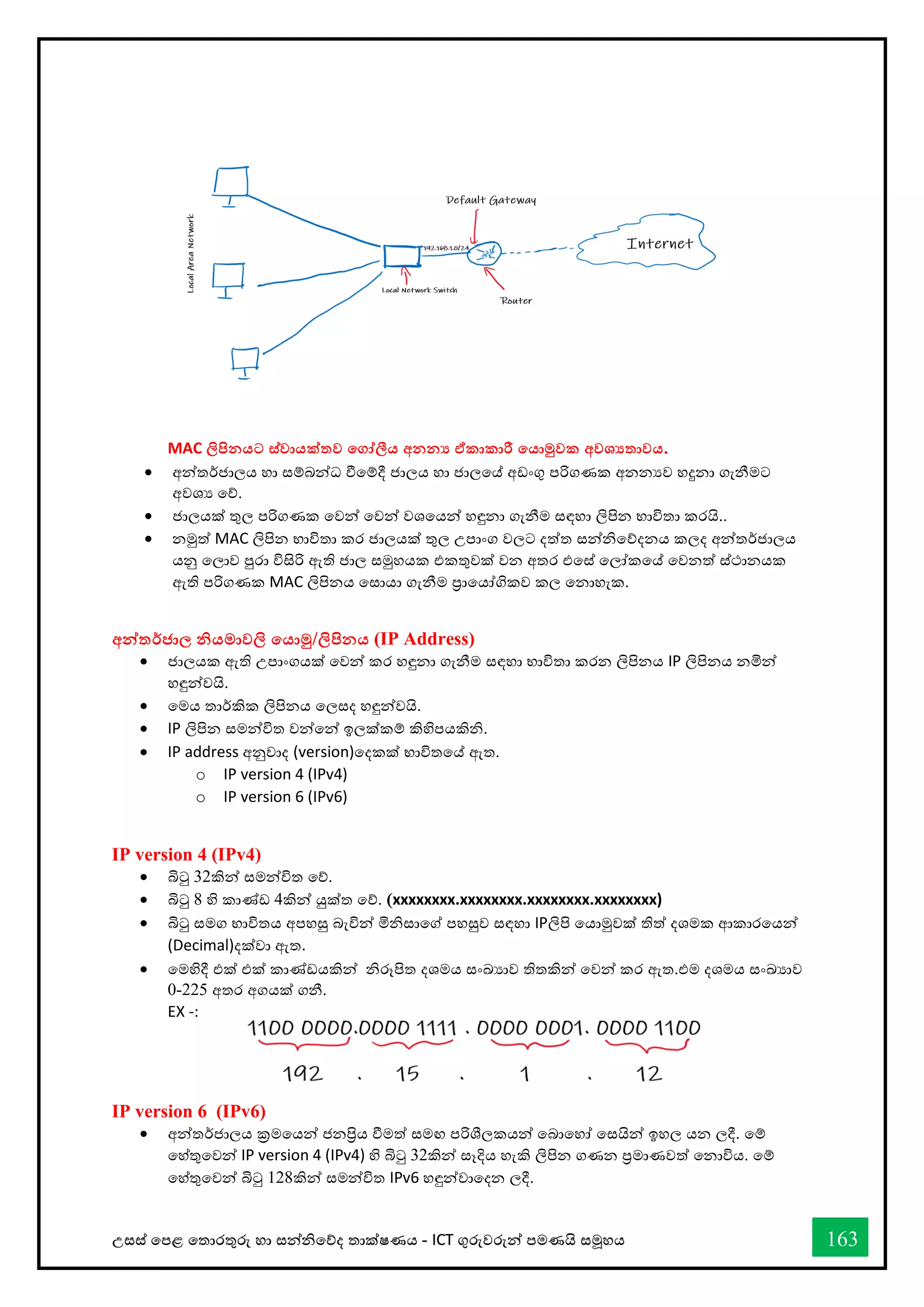 උසස් තපළ තතොරතුරු හො සන්නිතේද තොක්ෂණය - ICT ගුරුවරුන්න පමණයි සමූහය 163
MAC ලිපිනයට ස්වායක්තව තගෝලීය අනන‍ ඒකාකාරී තයාමුවක අවශ‍තාවය.
• අන්නතර්ජොලය හො සම්බන්නධ ීතම්දී ජොලය හො ජොලතේ අඩංගු පරිගණක අනනයව හදුනො ගැනීමට
අවශය තේ.
• ජොලයක් තුල පරිගණක තවන්න තවන්න වශතයන්න හඳුනො ගැනීම සඳහො ලිපින භොවිතො කරයි..
• නමුත් MAC ලිපින භොවිතො කර ජොලයක් තුල උපොංග වලට දත්ත සන්නිතේදනය කලද අන්නතර්ජොලය
යනු තලොව පුරො විසිරි ඇති ජොල සමුහයක එකතුවක් වන අතර එතස් තලෝකතේ තවනත් ස්ථොනයක
ඇති පරිගණක MAC ලිපිනය තසොයො ගැනීම ප්‍රොතයෝගිකව කල තනොහැක.
අන්නතර්ජාල නියමාවලි තයාමු/ලිපිනය (IP Address)
• ජොලයක ඇති උපොංගයක් තවන්න කර හඳුනො ගැනීම සඳහො භොවිතො කරන ලිපිනය IP ලිපිනය නමින්න
හඳුන්නවයි.
• තමය තොර්කික ලිපිනය තලසද හඳුන්නවයි.
• IP ලිපින සමන්නවිත වන්නතන්න ඉලක්කම් කිහිපයකිි.
• IP address අනුවොද (version)තදකක් භොවිතතේ ඇත.
o IP version 4 (IPv4)
o IP version 6 (IPv6)
IP version 4 (IPv4)
• බිටු 32කින්න සමන්නවිත තේ.
• බිටු 8 හි කොේඩ 4කින්න යුක්ත තේ. (xxxxxxxx.xxxxxxxx.xxxxxxxx.xxxxxxxx)
• බිටු සමග භොවිතය අපහසු බැවින්න මිිසොතේ පහසුව සඳහො IPලිපි තයොමුවක් තිත් දශමක ආකොරතයන්න
(Decimal)දක්වො ඇත.
• තමහිදී එක් එක් කොේඩයකින්න ිරූපිත දශමය සංඛ්‍යොව තිතකින්න තවන්න කර ඇත.එම දශමය සංඛ්‍යොව
0-225 අතර අගයක් ගනී.
EX -:
IP version 6 (IPv6)
• අන්නතර්ජොලය ක්‍රමතයන්න ජනප්‍රිය ීමත් සමඟ පරිශීලකයන්න තබොතහෝ තසයින්න ඉහල යන ලදී. තම්
තහ්තුතවන්න IP version 4 (IPv4) හි බිටු 32කින්න සෑදිය හැකි ලිපින ගණන ප්‍රමොණවත් තනොවිය. තම්
තහ්තුතවන්න බිටු 128කින්න සමන්නවිත IPv6 හඳුන්නවොතදන ලදී.
 