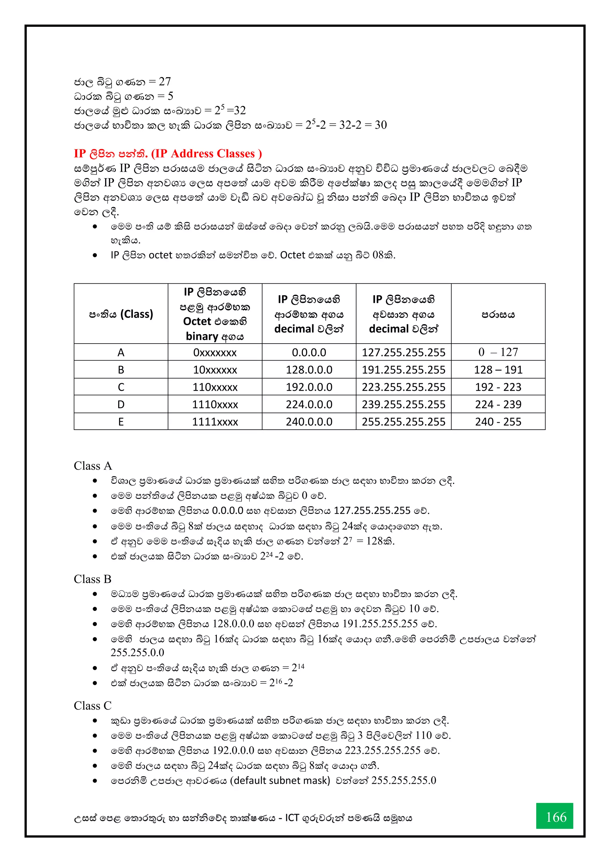 උසස් තපළ තතොරතුරු හො සන්නිතේද තොක්ෂණය - ICT ගුරුවරුන්න පමණයි සමූහය 166
ජොල බිටු ගණන = 27
ධොරක බිටු ගණන = 5
ජොලතේ මුළු ධොරක සංඛ්‍යොව = 25
=32
ජොලතේ භොවිතො කල හැකි ධොරක ලිපින සංඛ්‍යොව = 25
-2 = 32-2 = 30
IP ලිපින පන්නති. (IP Address Classes )
සම්පුර්ණ IP ලිපින පරොසයම ජොලතේ සිටින ධොරක සංඛ්‍යොව අනුව විවිධ ප්‍රමොණතේ ජොලවලට තබදීම
මගින්න IP ලිපින අනවශය තලස අපතත් යොම අවම කිරීම අතප්ක්ෂො කලද පසු කොලතේදී තමමගින්න IP
ලිපින අනවශය තලස අපතත් යොම වැඩි බව අවතබෝධ වූ ිසො පන්නති තබදො IP ලිපින භොවිතය ඉවත්
තවන ලදී.
• තමම පංති යම් කිසි පරොසයන්න ඔස්තස් තබදො තවන්න කරනු ලබයි.තමම පරොසයන්න පහත පරිදි හඳුනො ගත
හැකිය.
• IP ලිපින octet හතරකින්න සමන්නවිත තේ. Octet එකක් යනු බිට් 08කි.
Class A
• විශොල ප්‍රමොණතේ ධොරක ප්‍රමොණයක් සහිත පරිගණක ජොල සඳහො භොවිතො කරන ලදී.
• තමම පන්නතිතේ ලිපිනයක පළමු අෂ්ඨක බිටුව 0 තේ.
• තමහි ආරම්භක ලිපිනය 0.0.0.0 සහ අවසොන ලිපිනය 127.255.255.255 තේ.
• තමම පංතිතේ බිටු 8ක් ජොලය සඳහොද ධොරක සඳහො බිටු 24ක්ද තයොදොතගන ඇත.
• ඒ අනුව තමම පංතිතේ සෑදිය හැකි ජොල ගණන වන්නතන්න 27 = 128කි.
• එක් ජොලයක සිටින ධොරක සංඛ්‍යොව 224 -2 තේ.
Class B
• මධයම ප්‍රමොණතේ ධොරක ප්‍රමොණයක් සහිත පරිගණක ජොල සඳහො භොවිතො කරන ලදී.
• තමම පංතිතේ ලිපිනයක පළමු අෂ්ඨක තකොටතස් පළමු හො තදවන බිටුව 10 තේ.
• තමහි ආරම්භක ලිපිනය 128.0.0.0 සහ අවසන්න ලිපිනය 191.255.255.255 තේ.
• තමහි ජොලය සඳහො බිටු 16ක්ද ධොරක සඳහො බිටු 16ක්ද තයොදො ගනී.තමහි තපරිමි උපජොලය වන්නතන්න
255.255.0.0
• ඒ අනුව පංතිතේ සෑදිය හැකි ජොල ගණන = 214
• එක් ජොලයක සිටින ධොරක සංඛ්‍යොව = 216 -2
Class C
• කුඩො ප්‍රමොණතේ ධොරක ප්‍රමොණයක් සහිත පරිගණක ජොල සඳහො භොවිතො කරන ලදී.
• තමම පංතිතේ ලිපිනයක පළමු අෂ්ඨක තකොටතස් පළමු බිටු 3 පිලිතවලින්න 110 තේ.
• තමහි ආරම්භක ලිපිනය 192.0.0.0 සහ අවසොන ලිපිනය 223.255.255.255 තේ.
• තමහි ජොලය සඳහො බිටු 24ක්ද ධොරක සඳහො බිටු 8ක්ද තයොදො ගනී.
• තපරිමි උපජොල ආවරණය (default subnet mask) වන්නතන්න 255.255.255.0
පංතිය (Class)
IP ලිපිනතයහි
පළමු ආරම්භක
Octet එතකහි
binary අගය
IP ලිපිනතයහි
ආරම්භක අගය
decimal වලින්න
IP ලිපිනතයහි
අවසාන අගය
decimal වලින්න
පරාසය
A 0xxxxxxx 0.0.0.0 127.255.255.255 0 – 127
B 10xxxxxx 128.0.0.0 191.255.255.255 128 – 191
C 110xxxxx 192.0.0.0 223.255.255.255 192 - 223
D 1110xxxx 224.0.0.0 239.255.255.255 224 - 239
E 1111xxxx 240.0.0.0 255.255.255.255 240 - 255
 