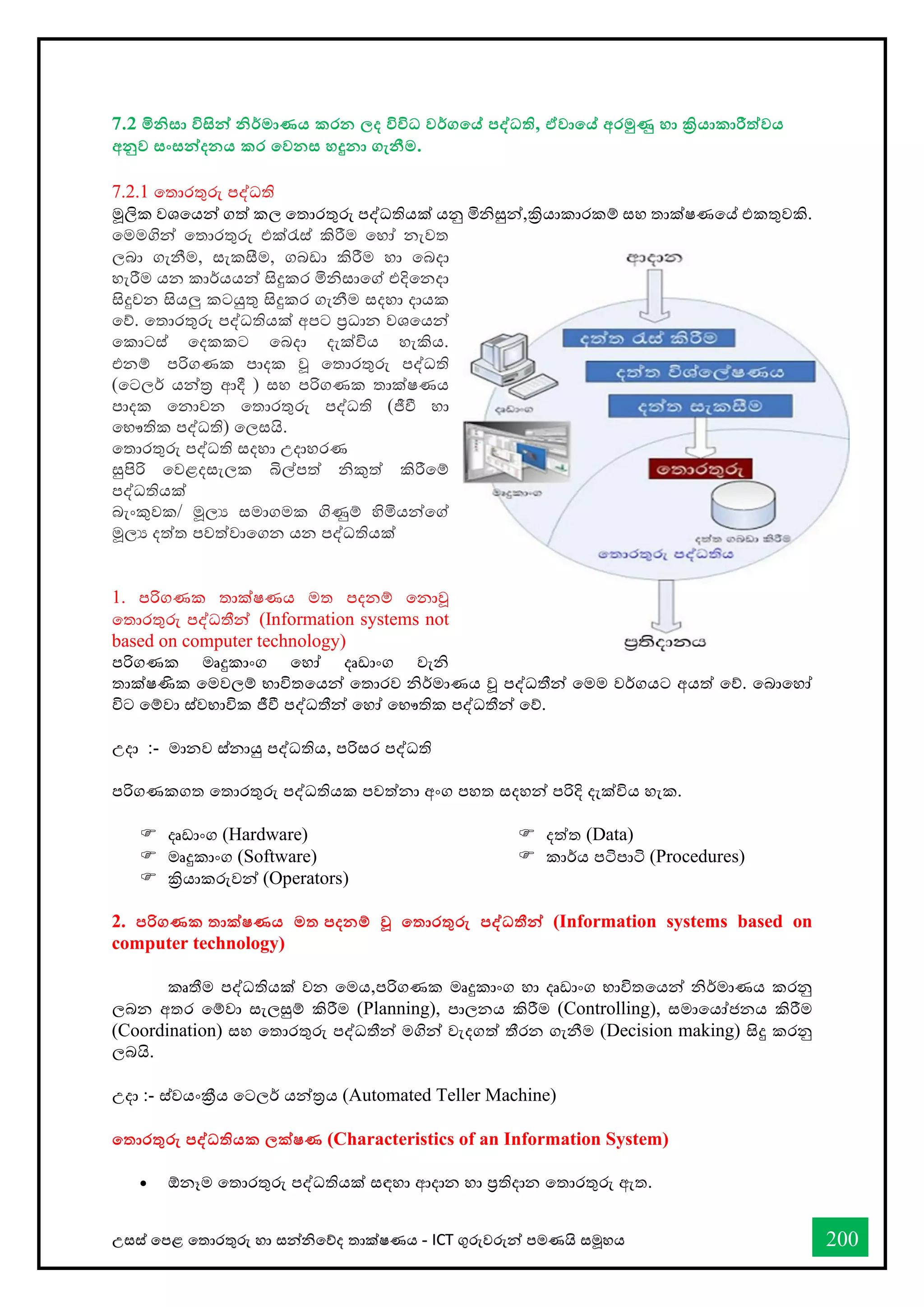උසස් තපළ තතොරතුරු හො සන්නිතේද තොක්ෂණය - ICT ගුරුවරුන්න පමණයි සමූහය 200
7.2 මිනිසා විසින්න නිර්මාණය කරන ලද විවිධ වර්ගතේ පද්වධති, ඒවාතේ අරමුණු හා ක්‍රියාකාරීත්වය
අනුව සංසන්නදනය කර තවනස හදුනා ගැනීම.
7.2.1 තතොරතුරු පද්ධති
මූලික වශතයන්න ගත් කල තතොරතුරු පද්ධතියක් යනු මිිසුන්න,ක්‍රියොකොරකම් සහ තොක්ෂණතේ එකතුවකි.
තමමගින්න තතොරතුරු එක්රැස් කිරීම තහෝ නැවත
ලබො ගැනීම, සැකසීම, ගබඩො කිරීම හො තබදො
හැරීම යන කොර්යයන්න සිදුකර මිිසොතේ එදිතනදො
සිදුවන සියලු කටයුතු සිදුකර ගැනීම සදහො දොයක
තේ. තතොරතුරු පද්ධතියක් අපට ප්‍රධොන වශතයන්න
තකොටස් තදකකට තබදො දැක්විය හැකිය.
එනම් පරිගණක පොදක වූ තතොරතුරු පද්ධති
(තටලර් යන්නර ආදී ) සහ පරිගණක තොක්ෂණය
පොදක තනොවන තතොරතුරු පද්ධති (ජීී හො
තභෞතික පද්ධති) තලසයි.
තතොරතුරු පද්ධති සදහො උදොහරණ
සුපිරි තවළදසැලක බිල්පත් ිකුත් කිරීතම්
පද්ධතියක්
බැංකුවක/ මූලය සමොගමක ගිණුම් හිමියන්නතේ
මූලය දත්ත පවත්වොතගන යන පද්ධතියක්
1. පරිගණක තොක්ෂණය මත පදනම් තනොවූ
තතොරතුරු පද්ධතීන්න (Information systems not
based on computer technology)
පරිගණක මෘදුකොංග තහෝ දෘඩොංග වැි
තොක්ෂණික තමවලම් භොවිතතයන්න තතොරව ිර්මොණය වූ පද්ධතීන්න තමම වර්ගයට අයත් තේ. තබොතහෝ
විට තම්වො ස්වභොවික ජීී පද්ධතීන්න තහෝ තභෞතික පද්ධතීන්න තේ.
උදො :- මොනව ස්නොයු පද්ධතිය, පරිසර පද්ධති
පරිගණකගත තතොරතුරු පද්ධතියක පවත්නො අංග පහත සදහන්න පරිදි දැක්විය හැක.
 දෘඩොංග (Hardware)
 මෘදුකොංග (Software)
 ක්‍රියොකරුවන්න (Operators)
 දත්ත (Data)
 කොර්ය පටිපොටි (Procedures)
2. පරිගණක තාක්ෂණය මත පදනම් වූ තතාරතුරු පද්වධතීන්න (Information systems based on
computer technology)
කෘතීම පද්ධතියක් වන තමය,පරිගණක මෘදුකොංග හො දෘඩොංග භොවිතතයන්න ිර්මොණය කරනු
ලබන අතර තම්වො සැලසුම් කිරීම (Planning), පොලනය කිරීම (Controlling), සමොතයෝජනය කිරීම
(Coordination) සහ තතොරතුරු පද්ධතීන්න මගින්න වැදගත් තීරන ගැනීම (Decision making) සිදු කරනු
ලබයි.
උදො :- ස්වයංක්‍රීය තටලර් යන්නරය (Automated Teller Machine)
තතාරතුරු පද්වධතියක ලක්ෂණ (Characteristics of an Information System)
• ඕනෑම තතොරතුරු පද්ධතියක් සඳහො ආදොන හො ප්‍රතිදොන තතොරතුරු ඇත.
 