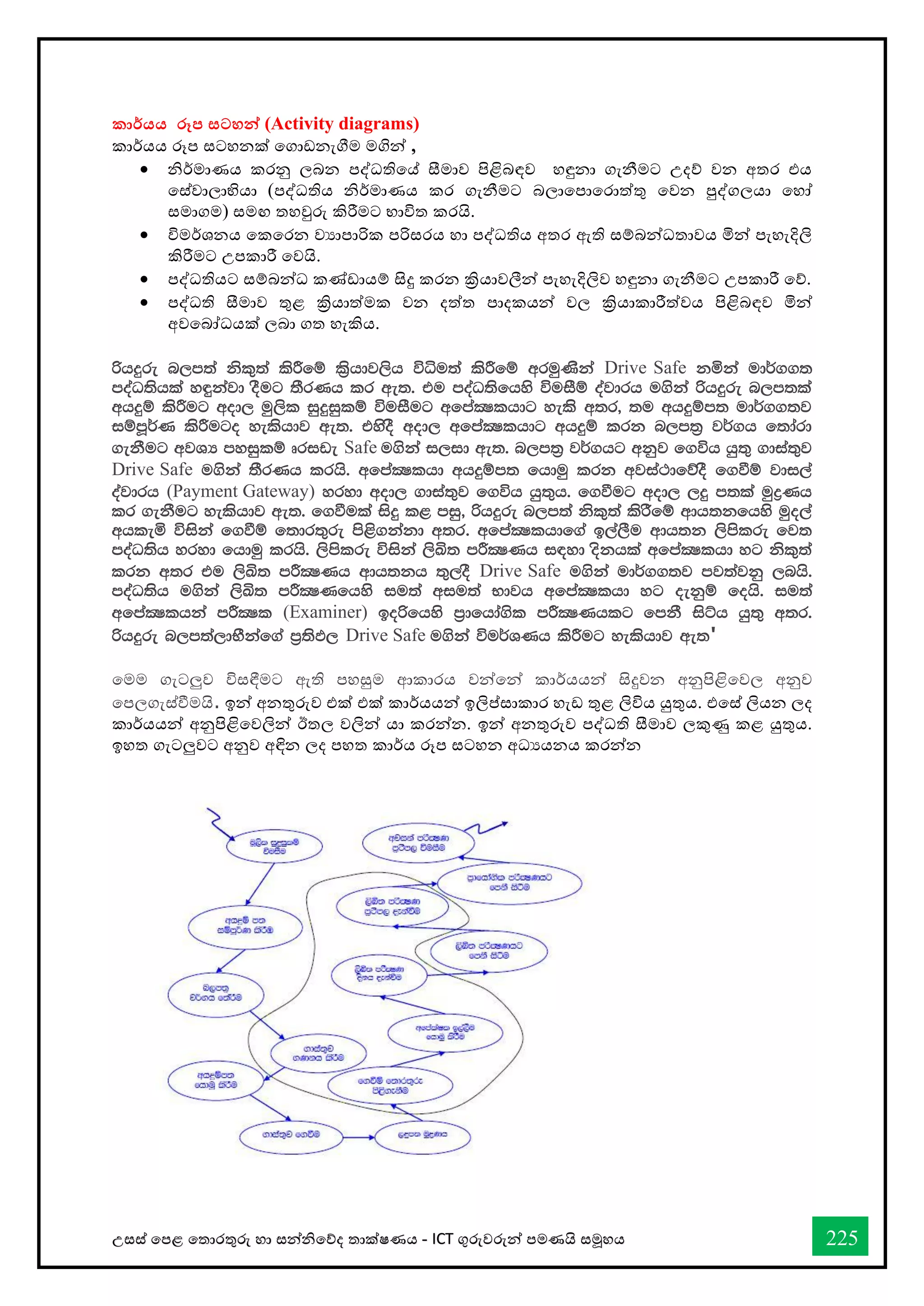 උසස් තපළ තතොරතුරු හො සන්නිතේද තොක්ෂණය - ICT ගුරුවරුන්න පමණයි සමූහය 225
කාර්තයය රූප සටහන් (Activity diagrams)
කොර්යය රූප සටහනක් තගොඩනැීම මගින්න ,
• ිර්මොණය කරනු ලබන පද්ධතිතේ සීමොව පිළිබඳව හඳුනො ගැනීමට උදේ වන අතර එය
තස්වොලොභියො (පද්ධතිය ිර්මොණය කර ගැනීමට බලොතපොතරොත්තු තවන පුද්ගලයො තහෝ
සමොගම) සමඟ තහවුරු කිරීමට භොවිත කරයි.
• විමර්ශනය තකතරන වයොපොරික පරිසරය හො පද්ධතිය අතර ඇති සම්බන්නධතොවය මින්න පැහැදිලි
කිරීමට උපකොරී තවයි.
• පද්ධතියට සම්බන්නධ කේඩොයම් සිදු කරන ක්‍රියොවලීන්න පැහැදිලිව හඳුනො ගැනීමට උපකොරී තේ.
• පද්ධති සීමොව තුළ ක්‍රියොත්මක වන දත්ත පොදකයන්න වල ක්‍රියොකොරීත්වය පිළිබඳව මින්න
අවතබෝධයක් ලබො ගත හැකිය.
ßhÿre n,m;a ksl=;a lsÍfï l%shdj,sh úêu;a lsÍfï wruqKska Drive Safe kñka ud¾..;
moaO;shla y÷kajd oSug ;SrKh lr we;' tu moaO;sfhys úuiSï oajdrh u.ska ßhÿre n,m;la
whÿï lsÍug wod, uq,sl iqÿiqlï úuiSug wfmaCIlhdg yelss w;r" ;u whÿïm; ud¾..;j
iïmQ¾K lsÍugo yelshdj we;' tysoS wod, wfmaCIlhdg whÿï lrk n,m;% j¾.h f;dard
.ekSug wjYH myiqlï Drive Safe u.ska i,id we;' n,m;% j¾.hg wkqj f.úh hq;= .dia;=j
Drive Safe u.ska ;SrKh lrhs' wfmaCIlhd whÿïm; fhduq lrk wjia:dfõoS f.ùï jdi,a
oajdrh (Payment Gateway) yryd wod, .dia;=j f.úh hq;=h' f.ùug wod, ,ÿ m;la uqøKh
lr .ekSug yelshdj we;' f.ùula isÿ l< miq" ßhÿre n,m;a ksl=;a lsrSfï wdh;kfhys uqo,a
whleñ úiska f.ùï f;dr;=re ms<s.kakd w;r' wfmaCIlhdf.a b,a,Su wdh;k ,smslre fj;
moaO;sh yryd fhduq lrhs' ,smslre úiska ,sÅ; mÍCIKh i|yd oskhla wfmaCIlhd yg ksl=;a
lrk w;r tu ,sÅ; mÍCIKh wdh;kh ;=,oS Drive Safe u.ska ud¾..;j mj;ajkq ,nhs'
moaO;sh u.ska ,sÅ; mÍCIKfhys iu;a wiu;a Ndjh wfmaCIlhd yg oekqï fohs' iu;a
wfmaCIlhka mÍCIl (Examiner) boßfhys m%dfhda.sl mÍCIKhlg fmkS isÜh hq;= w;r'
ßhÿre n,m;a,dNSkaf.a m%;sM, Drive Safe u.ska úu¾YKh lsÍug yelshdj we;'
තමම ගැටලුව විසඳීමට ඇති පහසුම ආකොරය වන්නතන්න කොර්යයන්න සිදුවන අනුපිළිතවල අනුව
තපලගැස්ීමයි. ඉන්න අනතුරුව එක් එක් කොර්යයන්න ඉලිප්සොකොර හැඩ තුළ ලිවිය යුතුය. එතස් ලියන ලද
කොර්යයන්න අනුපිළිතවලින්න ඊතල වලින්න යො කරන්නන. ඉන්න අනතුරුව පද්ධති සීමොව ලකුණු කළ යුතුය.
ඉහත ගැටලුවට අනුව අඳින ලද පහත කොර්ය රූප සටහන අධයයනය කරන්නන
 