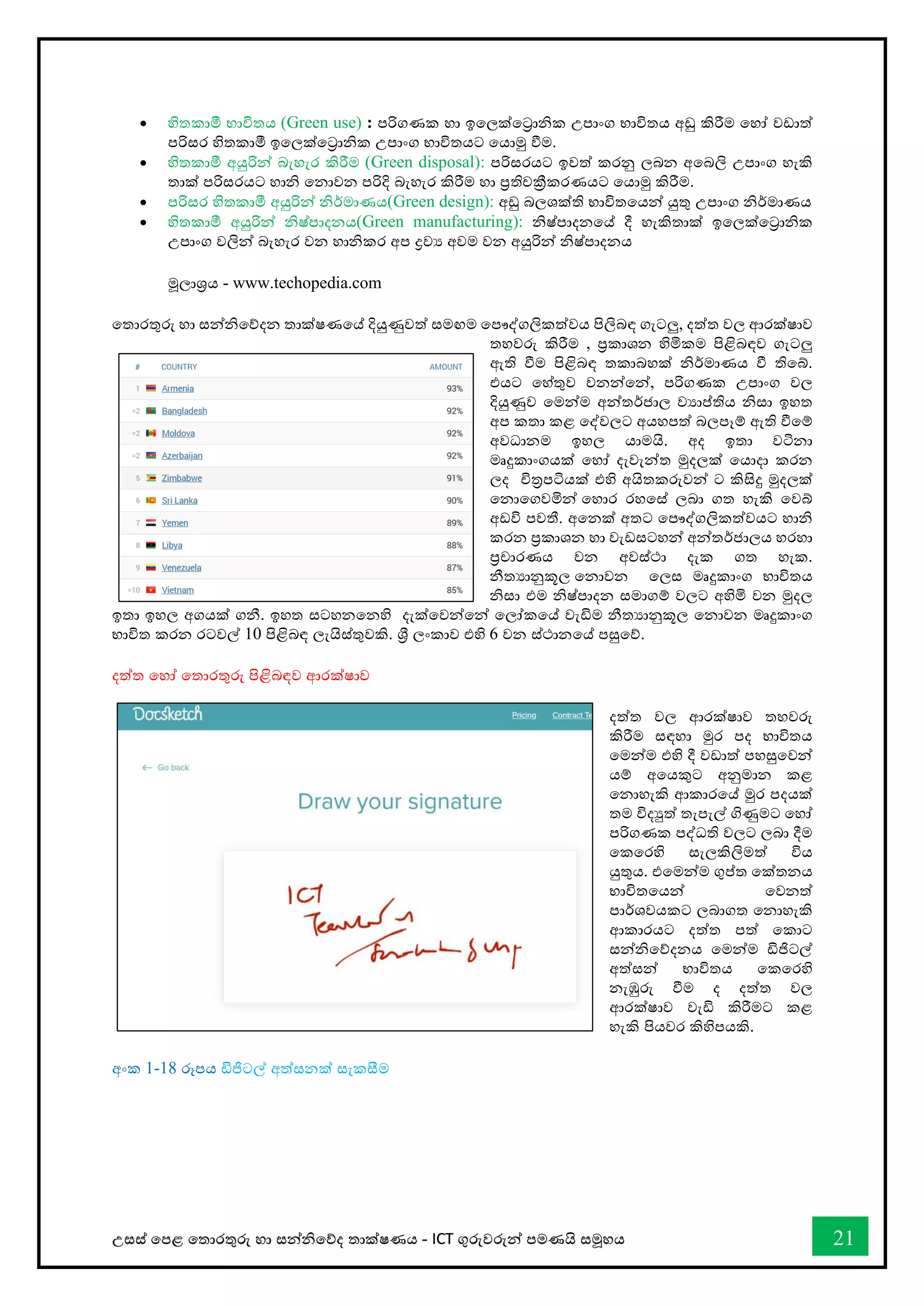 උසස් තපළ තතොරතුරු හො සන්නිතේද තොක්ෂණය - ICT ගුරුවරුන්න පමණයි සමූහය 21
• හිතකොමී භොවිතය (Green use) : පරිගණක හො ඉතලක්තරොික උපොංග භොවිතය අඩු කිරීම තහෝ වඩොත්
පරිසර හිතකොමී ඉතලක්තරොික උපොංග භොවිතයට තයොමු ීම.
• හිතකොමී අයුරින්න බැහැර කිරීම (Green disposal): පරිසරයට ඉවත් කරනු ලබන අතබලි උපොංග හැකි
තොක් පරිසරයට හොි තනොවන පරිදි බැහැර කිරීම හො ප්‍රතිචක්‍රීකරණයට තයොමු කිරීම.
• පරිසර හිතකොමී අයුරින්න ිර්මොණය(Green design): අඩු බලශක්ති භොවිතතයන්න යුතු උපොංග ිර්මොණය
• හිතකොමී අයුරින්න ිෂ්පොදනය(Green manufacturing): ිෂ්පොදනතේ දී හැකිතොක් ඉතලක්තරොික
උපොංග වලින්න බැහැර වන හොිකර අප ද්‍රවය අවම වන අයුරින්න ිෂ්පොදනය
මූලොශ්‍රය - www.techopedia.com
තතොරතුරු හො සන්නිතේදන තොක්ෂණතේ දියුණුවත් සමඟම තපෞද්ගලිකත්වය පිලිබඳ ගැටලු, දත්ත වල ආරක්ෂොව
තහවරු කිරීම , ප්‍රකොශන හිමිකම පිළිබඳව ගැටලු
ඇති ීම පිළිබඳ තකොබහක් ිර්මොණය ී තිතබ්.
එයට තහ්තුව වනන්නතන්න, පරිගණක උපොංග වල
දියුණුව තමන්නම අන්නතර්ජොල වයොප්තිය ිසො ඉහත
අප කතො කළ තද්වලට අයහපත් බලපෑම් ඇති ීතම්
අවධොනම ඉහල යොමයි. අද ඉතො වටිනො
මෘදුකොංගයක් තහෝ දැවැන්නත මුදලක් තයොදො කරන
ලද ිරපටියක් එහි අයිතකරුවන්න ට කිසිදු මුදලක්
තනොතගවමින්න තහොර රහතස් ලබො ගත හැකි තවබ්
අඩවි පවතී. අතනක් අතට තපෞද්ගලිකත්වයට හොි
කරන ප්‍රකොශන හො වැඩසටහන්න අන්නතර්ජොලය හරහො
ප්‍රචොරණය වන අවස්ථො දැක ගත හැක.
නීතයොනුකූල තනොවන තලස මෘදුකොංග භොවිතය
ිසො එම ිෂ්පොදන සමොගම් වලට අහිමි වන මුදල
ඉතො ඉහල අගයක් ගනී. ඉහත සටහනතනහි දැක්තවන්නතන්න තලෝකතේ වැඩිම නීතයොනුකූල තනොවන මෘදුකොංග
භොවිත කරන රටවල් 10 පිළිබඳ ලැයිස්තුවකි. ශ්‍රී ලංකොව එහි 6 වන ස්ථොනතේ පසුතේ.
දත්ත තහෝ තතොරතුරු පිළිබඳව ආරක්ෂොව
දත්ත වල ආරක්ෂොව තහවරු
කිරීම සඳහො මුර පද භොවිතය
තමන්නම එහි දී වඩොත් පහසුතවන්න
යම් අතයකුට අනුමොන කළ
තනොහැකි ආකොරතේ මුර පදයක්
තම විදුත් තැපැල් ගිණුමට තහෝ
පරිගණක පද්ධති වලට ලබො දීම
තකතරහි සැලකිලිමත් විය
යුතුය. එතමන්නම ගුප්ත තක්තනය
භොවිතතයන්න තවනත්
පොර්ශවයකට ලබොගත තනොහැකි
ආකොරයට දත්ත පත් තකොට
සන්නිතේදනය තමන්නම ඩිජිටල්
අත්සන්න භොවිතය තකතරහි
නැඹුරු ීම ද දත්ත වල
ආරක්ෂොව වැඩි කිරීමට කළ
හැකි පියවර කිහිපයකි.
අංක 1-18 රූපය ඩිජිටල් අත්සනක් සැකසීම
 