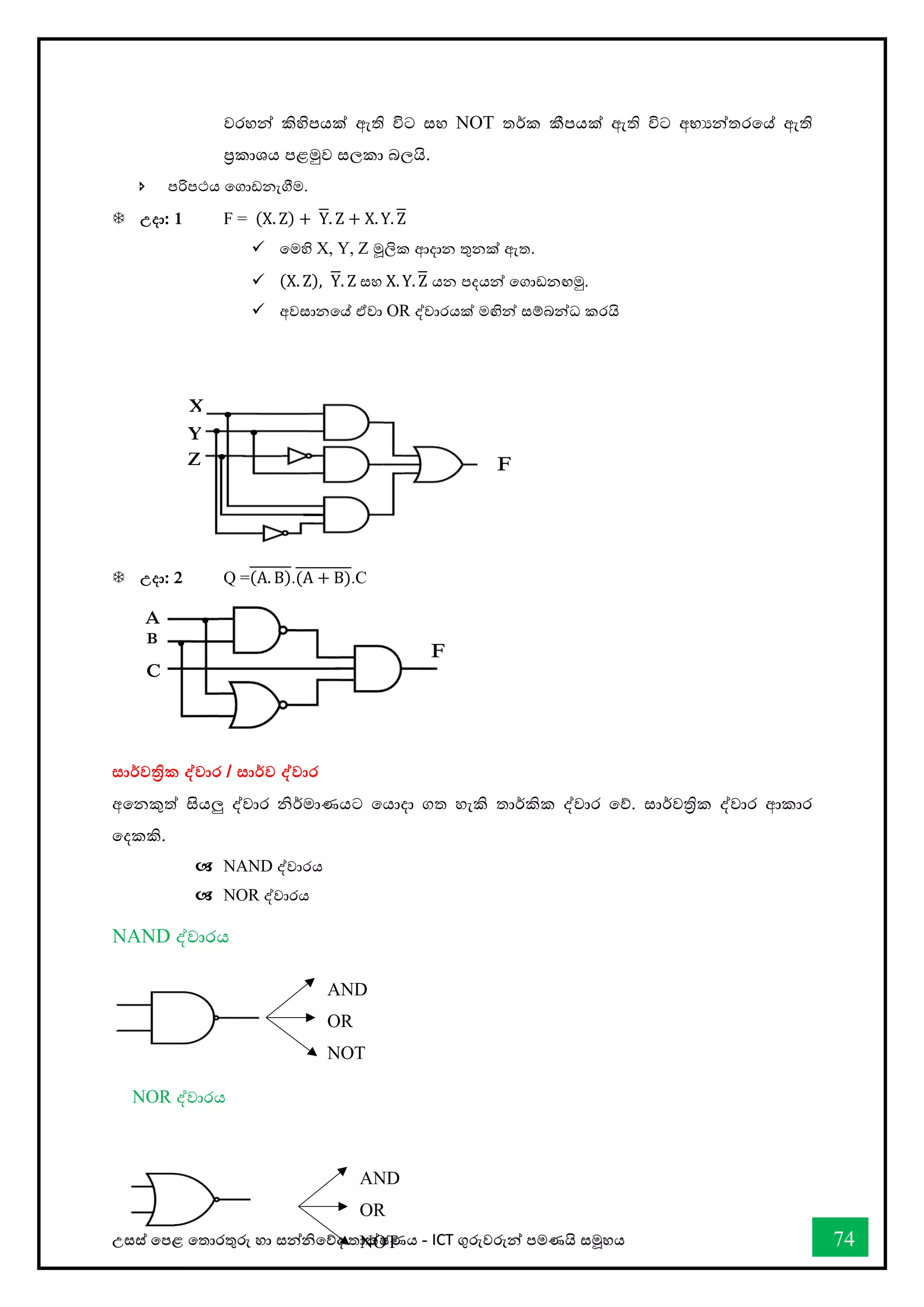 උසස් තපළ තතොරතුරු හො සන්නිතේද තොක්ෂණය - ICT ගුරුවරුන්න පමණයි සමූහය 74
වරහන් කිහිපයක් ඇති විට ස්තහ NOT තර්කක කීපයක් ඇති විට අභ්‍යන්තරවේ ඇති
ප්‍රකාශය පළමුව ස්තලකා බලයි.
 පරිපථය වගාඩනැගීම.
 උදා: 1 F = (X. Z) + Y. Z + X. Y. Z
✓ තමහි X, Y, Z මූලික ආදොන තුනක් ඇත.
✓ (X. Z), Y. Z ස්තහ X. Y. Z යන පදයන්න තගොඩනඟමු.
✓ අවසොනතේ ඒවො OR ද්වොරයක් මඟින්න සම්බන්නධ කරයි
 උදා: 2 Q =(A. B).(A + B).C
සාර්තවත්‍රික ද්වාර / සාර්තව ද්වාර
අවනකුත් සියලු ද්වාර නිර්කමාණයට වයාදා ගත හැකි තාර්කකික ද්වාර වේ. ස්තාර්කවත්‍රික ද්වාර ආකාර
වදකකි.
 NAND ද්වාරය
 NOR ද්වාරය
AND
OR
NOT
X
Z
Y
F
A
B
C
F
NAND ද්වාරය
NOR ද්වොරය
AND
OR
NOT
 