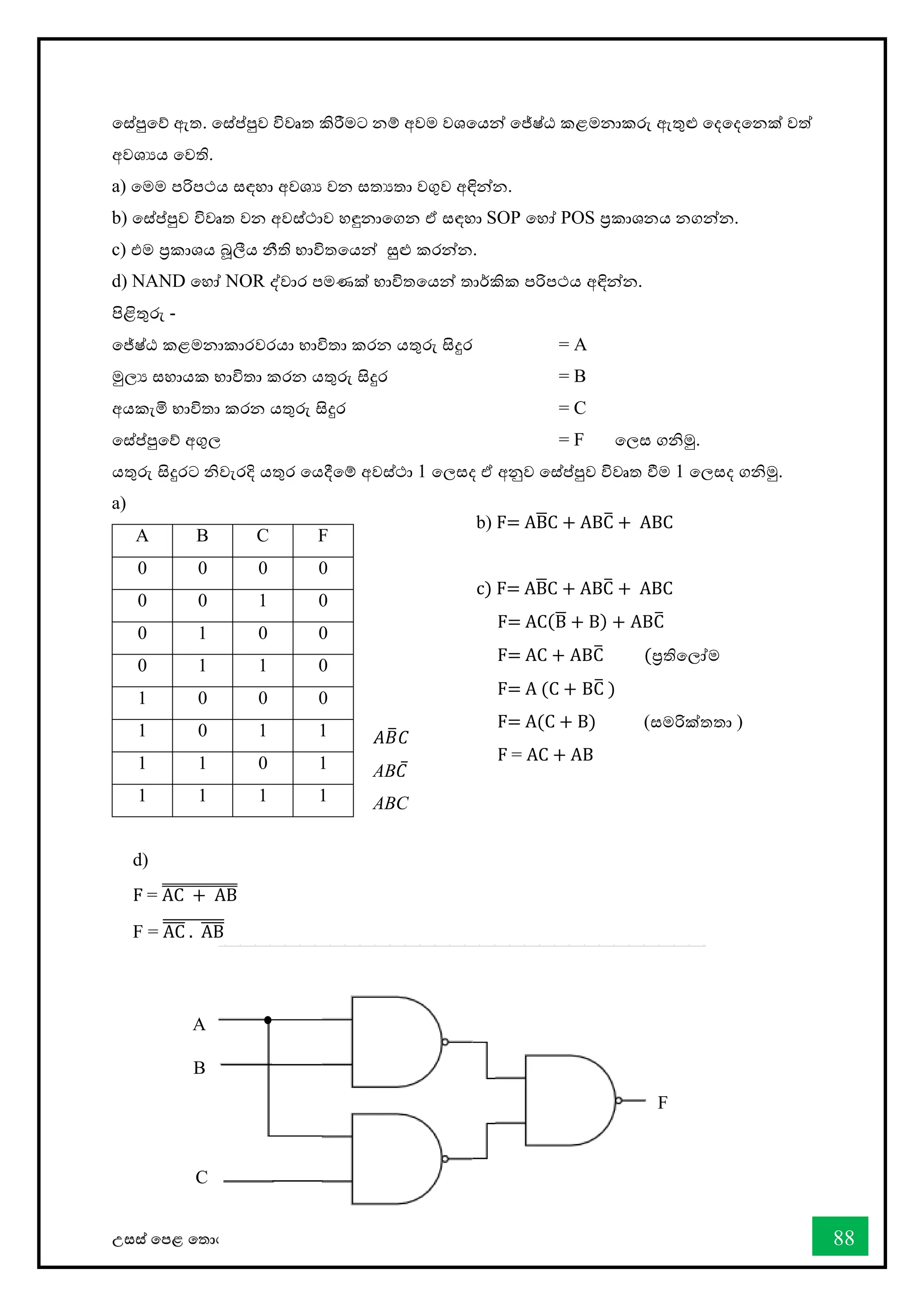 උසස් තපළ තතොරතුරු හො සන්නිතේද තොක්ෂණය - ICT ගුරුවරුන්න පමණයි සමූහය 88
තස්පුතේ ඇත. තස්ප්පුව විවෘත කිරීමට නම් අවම වශතයන්න තේෂ්ඨ කළමනොකරු ඇතුළු තදතදතනක් වත්
අවශයය තවති.
a) තමම පරිපථය සඳහො අවශය වන සතයතො වගුව අඳින්නන.
b) තස්ප්පුව විවෘත වන අවස්ථොව හඳුනොතගන ඒ සඳහො SOP තහෝ POS ප්‍රකොශනය නගන්නන.
c) එම ප්‍රකොශය බූලීය නීති භොවිතතයන්න සුළු කරන්නන.
d) NAND තහෝ NOR ද්වොර පමණක් භොවිතතයන්න තොර්කික පරිපථය අඳින්නන.
පිළිතුරු -
තේෂ්ඨ කළමනොකොරවරයො භොවිතො කරන යතුරු සිදුර = A
මුලය සහොයක භොවිතො කරන යතුරු සිදුර = B
අයකැමි භොවිතො කරන යතුරු සිදුර = C
තස්ප්පුතේ අගුල = F තලස ගිමු.
යතුරු සිදුරට ිවැරදි යතුර තයදීතම් අවස්ථො 1 තලසද ඒ අනුව තස්ප්පුව විවෘත ීම 1 තලසද ගිමු.
a)
d)
F = AC + AB
̿̿̿̿̿̿̿̿̿̿̿̿
F = AC
̅̅̅̅ . AB
̅̅̅̅
̅̅̅̅̅̅̅̅̅̅
A B C F
0 0 0 0
0 0 1 0
0 1 0 0
0 1 1 0
1 0 0 0
1 0 1 1
1 1 0 1
1 1 1 1
𝐴𝐵
̅𝐶
AB𝐶̅
ABC
b) F= AB
̅C + ABC
̅ + ABC
c) F= AB
̅C + ABC
̅ + ABC
F= AC(B
̅ + B) + ABC
̅
F= AC + ABC
̅ (ප්‍රතිතලෝම
F= A (C + BC
̅ )
F= A(C + B) (සමරික්තතො )
F = AC + AB
A
B
C
F
 