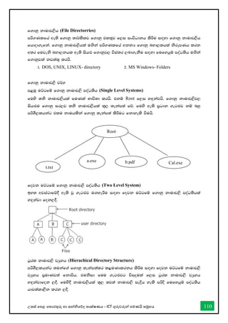 උසස් තපළ තතොරතුරු හො සන්නිතේද තොක්ෂණය - ICT ගුරුවරුන්න පමණයි සමූහය 110
f.dkq kdudj,sh (File Directorries)
mß.Klfha we;s f.dkq ;d¾lslj f.dkq tl;=j f,i ixúOdkh lsÍu i`oyd f.dkq kdudj,sh
fhdod.efka' f.dkq kdudj,shla u`.ska mß.Klfha wkkH f.dkq nyd,lhla ksrEmKh lrk
w;r fujeks nyd,khl we;s ish`M f.dkqj, úia;r ,nd.ekSu i`oyd fufyhqï moaO;sh u`.ska
f.dkqjla kv;a;= lrhs'
1' DOS, UNIX, LINUX- directory 2. MS Windows- Folders
f.dkq kdudj,s j¾.
m<uq uÜgfï f.dkq kdudj,s moaO;sh (Single Level Systems)
fuys ;ks kdudj,shla muKla Ndú;d lrhs' tkï Root f,i y`ÿkajhs' f.dkq kdudj,sj,
ish`Mu f.dkq ir,j ;ks kdudj,shla ;=, ;ekam;a fõ' fuys we;s m%Odk .eg`Mj kï nyq
mßYS,lhkag tlu kduhlska f.dkq ;ekam;a lsÍug fkdyels ùuhs'
fojk uÜgfï f.dkq kdudj,s moaO;sh (Two Level System)
by; wjia:dfõ§ we;s jQ .eg`Mj u`.yeÍu i`oyd fojk uÜgfï f.dkq kdudj,s moaO;shla
y`ÿkajd fok,§'
OQrl kdudj,s jHqyh (Hierachical Directory Structure)
mßYS,lhkag ;ukaf.a f.dkq ;ekam;alr l<uKdlrkh lsÍu i`oyd fojk uÜgfï kdudj,s
jHqyh m%udKj;a fkdùh' tuksid fuu .eg`Mjg úiÿula f,i OQrl kdudj,s jHqyh
y`ÿkajdfok ,§' fuys§ kdudj,shla ;=, ;j;a kdudj,s iEÈh yels mßÈ fufyhqï moaO;sh
hdj;ald,Sk lrk ,§'
Root
t.txt
a.exe b.pdf Cal.exe
 