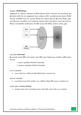 උසස් තපළ තතොරතුරු හො සන්නිතේද තොක්ෂණය - ICT ගුරුවරුන්න පමණයි සමූහය 119
nyqld¾h (Multitasking)
nyql%uf,aL yd nyqld¾h fufyhqï moaO;shl l%shdhk úYd, ixLHdjla hï ld,fþohla ;=,
l%shd;aul lrùu isÿ fõ' nyql%uf,aL i`oyd ilikh u`.ska iEu l%shdhkhla i`oydu ksYaÑ;
ld,fþo fjkalsÍu wjYH fõ' tf,iu kshï; ld, fþokh ;=,§ tu l%shdhkh ksul, hq;=h'
fuu l%shdhkh wjikaùug fmr wjia:djl ilikh u`.ska ld,fþokh wjika l,fyd;a th
ksulr yels blaukska wdrïNfldg tys b;sß fldgi ksu lsÍug wjia:dj ,ndÈh hq;=h'
w;=re ì`ÿu (Interrupt)
l%shdhkhla wjika lsÍu fyda w;ru. k;r lsÍu w;=re ì`ÿula f,i y`ÿkajhs' fuys§ wjia:d
2la we;'
1' oDvdx. w;=reì`ÿu (Hardware Interrupt)
2' uDÿldx. w;=reì`ÿu (Software Interrupt)
oDvdx. w;=reì`ÿu
• oDvdx. u`.ska ndOd mKsúvhla ksl=;a lsÍula is`ÿjk wjia:djla fõ'
uDÿldx. w;=reì`ÿu
• fjk;a l%shdhkhla u`.ska moaO;shg ndOd mKsúvhla ksl=;a lsÍu uDÿldx. w;=reì`ÿu fõ'
ixo¾N iaúph (Context Switch)
• tla l%shdhkhla kj;d fjk;a l%shdhkhla wdrïN lsÍu ixo¾N iaúph f,i ye`Èkafõ'
 