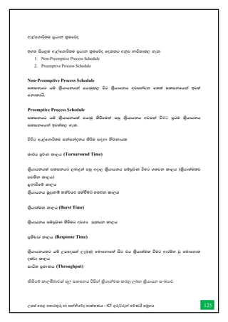 උසස් තපළ තතොරතුරු හො සන්නිතේද තොක්ෂණය - ICT ගුරුවරුන්න පමණයි සමූහය 125
we,af.dß;u m%Odk l%ufõo
by; ish¨u we,af.dß;u m%Odk l%ufõo follg wkqj Ndú;dl, yel'
1. Non-Preemptive Process Schedule
2. Preemptive Process Schedule
Non-Preemptive Process Schedule
ilikhg hï l%shdhkhka fhduql, úg l%shdhkh wjikajk f;la ilikfhka bj;a
fkdlrhs'
Preemptive Process Schedule
ilikhg hï l%shdhkhla fhduq lsÍfuka miq l%shdhkh wjika ùමට m%:u l%shdhkh
ilikfhka bj;al, yel'
úúO we,af.dß;u ikaikaokh lsÍu i`oyd ks¾Kdhl
ld¾h mQ¾K ld,h (Turnaround Time)
l%shdhkhla ilikhg ,ndÿka miq wod, l%shdhkh iïmQ¾K ùug .;jk ld,h (l%shd;aulj
mj;sk ld,h)
<`.dùfï ld,h
ls%hdhkh සූදානම් තත්වයට පත්වීමට ගතවන කාලය
ls%hd;aul ld,h (Burst Time)
ls%hdhkh iïmQ¾K lsÍug wjYH ilik ld,h
m%;spdr ld,h (Response Time)
l%shdhkhlg hï Wmfoila ,enqKq fudfydf;a isg th l%shd;aul ùug wdrïN jq fudfyd;
olajd ld,h
idê; m%udKh (Throughput)
කිසියම් කොලසීමොවක් තුල සකසනය විසින්න ක්‍රියොත්මක කරනු ලබන ක්‍රියොයන සංඛ්‍යොව
 