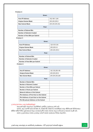 උසස් තපළ තතොරතුරු හො සන්නිතේද තොක්ෂණය - ICT ගුරුවරුන්න පමණයි සමූහය 173
උපජොලකරණය යනු (subnetting)
ජොලයක් කුඩො ජොලවලට තොර්කිකව තබදීම උපජොලය නම් තේ.
එනම් ජොල පන්නති අතර (Class A, Class B, Class C) තොර්කිකව ජොල කිහිපයක් ිර්මොණය
කිරීම මඟින්න විවිධ ප්‍රමොණතේ ජොල තගොඩනැීම හරහො මනොව ජොල සංවිධොනය කරගත හැකි තේ.
පහත උදොහරණය හරහො උපජොල තවන්න කරන ආකොරය විමසො බලන්නන.
 