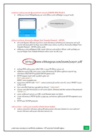 උසස් තපළ තතොරතුරු හො සන්නිතේද තොක්ෂණය - ICT ගුරුවරුන්න පමණයි සමූහය 180
වසම්නොම තස්වොදොයකයක් ක්‍රියොකරන්නතන්න තකතස් ද?(HOW DNS Work?)
• පරිශීලකයො www.Wikipedia,org යන තවබ් ලිපිනය තවබ් අතිරික්සුවට ඇතුලත් කරයි.
අිපොඨ තැන්නමොරු ියමොවලිය (Hyper Text Transfer Protocol – HTTP)
• ඔබ තවබ් පිටුවකට පිවිතසන සෑම විටම, ඔතබ් පරිගණකය අන්නතර්ජොලතේ තකොතැනක තහෝ ඇති
තවනත් පරිගණකයකින්න එම පිටුව බොගත කිරීම සඳහො අිපොඨ තැන්නමොරු ියමොවලිය (Hyper Text
Transfer Protocol – HTTP) භොවිතො කරයි.
• පරිශීලකයො තවබ් අතිරික්සුතේ URL එකක් ටයිප් කර තවබ් අඩවියට පිවිතස්. තමහි ඇති http යන
පදතයන්න Hyper Text Transfer Protocol භොවිතො කරන බව කිව හැක.
• ඉන්නපසු DNS තස්වොදොයකය මඟින්න URL ට අදොළ IP ලිපිනය තසොයො තද්.
• පරිශීලකයො ඉල්ලූ URL එකට අදොළ ධොරක පරිගණකතේ IP ලිපිනය බ්‍රේසරය හඳුනොත් පසු,
පරිගණකය විසින්න HTTP ඉල්ලීමක් (HTTP quest) යවයි.
• HTTP request එකක් තප්ලි තදකකින්න යුක්ත තේ:
GET /index.html/1.1
HOST: www.example.com
• පළමු වචනය HTTP verb: “GET” . සමහර අවස්ථොවලදී තපෝරම යවන විට තමය (“POST”) තලස
භොවිතො කරයි.
• ඊලග තකොටසින්න load කල යුතු path එක කියතේ: “/index.html”.
• අවසොන තකොටසින්න ියමොවලිය හො එහි තවළුම දිස්තේ. (Protocol and the version of the protocol):
“HTTP/1.1”.
• තදවන තප්ළිතයන්න ඉල්ලන ලද URL එතක් Domain name එක දිස්තේ.
• ධොරක පරිගණකයට HTTP ඉල්ලීම ලැබුණු පසු, අන්නතර්ගතය ප්‍රතිචොරයක් (HTTP response) තලස
එවයි.
• HTTP uses TCP/IP protocols
තස්වොතයෝජක - තස්වොදොයක ආකෘතිය (client-server model)
• තස්වොව ලබොගන්නනො පරිගණක තස්වොලොභී/තස්වොතයෝජක පරිගණක (client) වන අතර තස්වොවන්න
සපයන පරිගණක තස්වොදොයක පරිගණක (server) තේ.
 