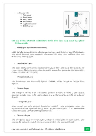උසස් තපළ තතොරතුරු හො සන්නිතේද තොක්ෂණය - ICT ගුරුවරුන්න පමණයි සමූහය 181
• තස්වොදොයක වර්ග
❖ Web server
❖ Email server
❖ Proxy server
❖ DNS server
❖ Application server
❖ DHCP server
6.10 ජාල නිර්මිතය (Network Architecture) විස්තර කිරීම සඳහා තයාමු ආකෘති වල භූමිකාව
විමර්ශනය කරයි.
1. OSI (Open System Interconnection)
තමහිදී එක් පරිගණකයක සිට තවත් පරිගණකයකට දත්ත ගලො යොම සිදුවන්නතන්න ස්තර 07 ක් ඔස්තස්ය .
අයට
ලබන
පණිවිඩය
ලබන
යවනු
සිට
පරිගණකතේ
තයොමුකරන
දත්ත
කිවතහොත්
තමතස්
තවද
07 කට තබදො තපන්නවනු ලැතබ්.
• Application Layer
දත්ත යවනො විසින්න ලබන්නනො තවත තයොමුකරන දත්ත ඇතුලත් කිරීම , දත්ත තයොමු කිරීම ආදී කොර්යයන්න
ද දත්ත ලබන්නනො විසින්න එම ලැතබන දත්තය බලොගැනීම සඳහො භොවිතො කරනු ලබන Interface ලබොදීම .
)Telnet,DNS,POP3,HTTP,SMTP)
• Presentation Layer
දත්ත Format වලට මොරු කිරීම තමහිදී සිදුකරයි )MPEG , 3GP) ද Encrypt සහ Decrypt කිරීමද
සිදුකරයි .
• Session Layer
දත්ත සම්තේෂණ කොර්යය සඳහො තයොදොගන්නනො උපකරණ සම්බන්නධ කරගැනීම , දත්ත හුවමොරු
කරගන්නනො ක්‍රමතේද හඳුනො ගැනීම , දත්ත සම්තේෂණ ය කරමින්න තගොස් එය නැවතීම ආදී කොර්යයන්න
සිදුකරයි
• Transport Layer
ස්ථොන තදකක් අතර දත්ත හුවමොරුව සිදුකරන්නතන්න තමමගිි .තවද සම්තේෂණය කරන දත්ත
කළමනොකරණය,තදෝෂ හඳුනොතගන ිරවුල් කිරීම , ආදී කොර්යයන්න සිදුකරයි .TCP ( Transmission
Control Protocol ), UDP ( User Datagram Protocol )
• Network Layer
දත්ත සම්තේෂණය අදොළ මොර්ග හඳුනොගැනීම , සම්තේෂණය කරන ලිපිනයන්න හඳුනො ගැනීම , දත්ත
තගනයන විට තදබදයක් තනොමැති මොර්ග හඳුනොතගන ඒවොයින්න දත්ත තගනයොම සිදුකරයි
 