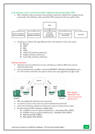 උසස් තපළ තතොරතුරු හො සන්නිතේද තොක්ෂණය - ICT ගුරුවරුන්න පමණයි සමූහය 186
6.12 අන්නතර්ජාල තස්වය සපයන්නනන්නතේ භූමිකාව (Internet Service Provider / ISP)
• ISPs: අන්නතර්ජොල තස්වය සපයන්නතනෝ යනු අන්නතර්ජොල තස්වොවන්නට සම්බන්නධ ීමට පහසුකම් සලසන
ආයතනයකි. තමම අන්නතර්ජොල තස්වය සපයන්නනන්න විවිධ ආකොරතයන්න වර්ග කර දැක්විය හැකිය.
• අන්නතර්ජොලයට සම්බන්නධ ීමට ක්‍රම කිහිපයක් තිතබ්. තමම සම්බන්නධතො වර්ග පහත දැක්තේ.
❖ Dial-up
❖ ISDN
❖ DSL
❖ ADSL
❖ තක්බල් ටීී අන්නතර්ජොල සම්බන්නධතො
❖ චන්නිකො අන්නතර්ජොල සම්බන්නධතො
❖ රැහැන්න රහිත අන්නතර්ජොල සම්බන්නධතො
Dial-up connection
• පරිගණකය ඩයල්-අප් සම්බන්නධතොවය හරහො අන්නතර්ජොලයට සම්බන්නධ කිරීම සඳහො දුරකථන
මොර්ගයක් භොවිතො කරයි.
• ඩයල්-අප් සම්බන්නධතොවය සැකසීමට තමොඩමයක් (MODEM / Modulator-Demodulator) අවශය
තේ. තමම තමොඩමය පරිගණකය සහ දුරකථන මොර්ගය අතර අතුරු මුහුණතක් තලස ක්‍රියො කරයි.
DSL-Digital
Subscriber Line
සංඛ්‍යොංක සංග්‍රොහක
සම්බන්නධතොව
• DSL යනු තබ්‍රෝ්බෑන්න් සම්බන්නධතොවතේ ආකොරයකි.
• එය සොමොනය දුරකථන මොර්ග හරහො වඩො තේගවත් සම්බන්නධතොවයක් සපයයි.
• තමන්න තනොව අන්නතර්ජොල සම්බන්නධතොව බිඳතනොවැටී, දුරකථන ඇමතුම් ලබොගත හැකිය.
• Several versions of DSL technique available today
❖ අසමමිතික සංඛ්‍යොංක සංග්‍රොහක සම්බන්නධතොවය - Asymmetric DSL (ADSL)
❖ සමමිතික සංඛ්‍යොංක සංග්‍රොහක සම්බන්නධතොවය - Symmetric DSL (SDSL)
❖ High bit-rate DSL (HDSL)
❖ Rate adaptive DSL (RDSL)
ISPs
ප්‍රතේශ සැපයුම්කරු
(Access Providers)
තැපැල් සැපයුම්කරු
(Mailbox Providers
සත්කොරක
සැපයුම්කරු
(Hosting ISPs)
අතතය සැපයුම්කරු
(Vitual ISps)
Free ISPs
 