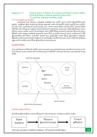 උසස් තපළ තතොරතුරු හො සන්නිතේද තොක්ෂණය - ICT ගුරුවරුන්න පමණයි සමූහය 198
නිපුණතාවය 7 : පද්වධති සංකල්පය ගතේෂණය කර තතාරතුරු පද්වධතියක් සංවර්ධනය කිරීමට
පද්වධති විශ්තල්ෂණ හා නිර්මාණ ක්‍රමතේදය භාවිතා කරයි.
7.1 පද්වධතියක ගතිලක්‍ෂණ ගතේෂණය කරයි.
7.1.1 පද්ධතියක් යනු කුමක්ද?
පද්ධතියක් යනු ඒකොයන අරමුණක් සොක්ෂොත් කර ගැනීම සදහො අන්නතර් ක්‍රියොකරීත්වතයන්න
යුක්තව සොමුහිකව ක්‍රියො කරන්නනොවූ සම්පත් සමුහයකි. තමම අර්ථදැක්ීම වඩොත් පැහැදිලි කර ගැනීමට
අප ඉතො සරල උදොහරණයක් සලකො බැලිය හැක. මොනව ආහොර ජීර්ණ පද්ධතිය විවිධ තකොටස් වලින්න
සමන්නවිත තේ. එහි ප්‍රධොන අරමුණ වන්නතන්න මුඛ්‍තයන්න ඇතුළු කරන ආහොර ද්‍රවය ිසි පරිදි ජීර්ණය තකොට
ශරීරයට අවශය තපෝෂය පදොර්ථ අවතශෝෂණය තකොට ඉතිරි ජීර්ණය වූ ආහොර තකොටස් ශරීරතයන්න බැහැර
කිරීමයි. තමම අරමුණ සොක්ෂොත් කරගැනීම සදහො විවිධ වූ ඉන්නීය තකොටස් මනොව සංවිධොනය ී ිසි
ක්‍රියොකොරීත්වතයන්න ිබදව තයදී සිටි. එතස්ම සෑම ඉන්නියක්ම ආහොර ජීර්ණ ක්‍රියොවලියට සම්බන්නධ
කිසියම් වූ කෘතයයක් අතනකුත් ඉන්නියන්න හො අන්නතර්ක්‍රියො කරමින්න ඉටු කරන අතර තමකී එක් ඉන්නීයක
අක්‍රිය භොවය සමස්ත අහොර ජීර්ණ ක්‍රියොවලියටම බලපොනු ඇත.
පද්වධතියක සීමාව.
සෑම පද්ධතියකටම සීමොවක් පවතින අතර එය හදුනො ගනු ලබන්නතන්න අදොළ පද්ධතිතේ සංඝටක හො එම
සංඝටකවලට අයත් තනොවන ඒවො තවන්නකර හදුනො ගැනීතමි. තම් සදහො අප සරල උදොහරණයක් තයොදො
ගිමු.
පද්ධතියක ක්‍රියොකොරීත්වය
පද්ධතියක ක්‍රියොකොරීත්වය පහත පරිදි ප්‍රධොන තකොටස් තුනකට තවන්නකර ගැනීමට හැකිය.
Input
ආදොනය
Output
ප්‍රතිදොනය
Process
ක්‍රියොවලිය/සැකසුම
 