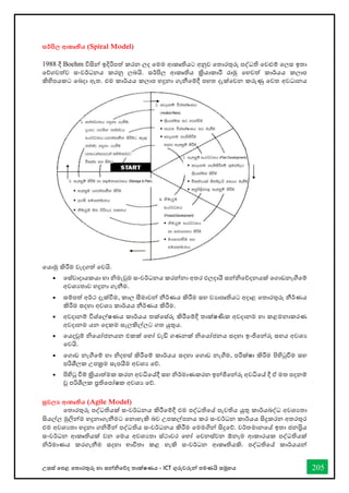 උසස් තපළ තතොරතුරු හො සන්නිතේද තොක්ෂණය - ICT ගුරුවරුන්න පමණයි සමූහය 205
සර්පිල ආකෘතිය (Spiral Model)
1988 දී Boehm විසින්න ඉදිරිපත් කරන ලද තමම ආකෘතියට අනුව තතොරතුරු පද්ධති තවළුම් තලස ඉතො
තේගවත්ව සංවර්ධනය කරනු ලබයි. සර්පිල ආකෘතිය ක්‍රියොකොරී රොමු තහවත් කොර්යය කලොප
කිහිපයකට තබදො ඇත. එම කොර්යය කලොප හදුනො ගැනීතම්දී පහත දැක්තවන කරුණු තවත අවධොනය
තයොමු කිරීම වැදගත් තවයි.
• තස්වොදොයකයො හො ිමැවුම සංවර්ධනය කරන්නනො අතර ඵලදොයී සන්නිතේදනයක් තගොඩනැීතම්
අවශයතොව හදුනො ගැනීම.
• සම්පත් අර්ථ දැක්ීම, කොල සීමොවන්න නීර්ණය කිරීම සහ වයොපෘතියට අදොළ තතොරතුරු නීර්ණය
කිරීම සදහො අවශය කොර්යය නීර්ණය කිරීම.
• අවදොනම් විශ්තල්ෂණය කොර්යය තක්තස්රු කිරීතම්දී තොක්ෂණික අවදොනම හො කළමනොකරණ
අවදොනම යන තදකම සැලකිල්ලට ගත යුතුය.
• තයදවුම් ිතයෝජනයන එකක් තහෝ වැඩි ගණනක් ිතයෝජනය සදහො ඉංජිතන්නරු සහය අවශය
තවයි.
• තගොඩ නැීතම් හො ිදහස් කිරීතම් කොර්යය සදහො තගොඩ නැීම, පරීක්ෂො කිරීම පිහිටුීම සහ
පරිශීලක උපක්‍රම සැපයීම අවශය තේ.
• පිහිටු ීම් ක්‍රියොත්මක කරන අවිතේදී සහ ිර්මොණකරන ඉන්නජිතන්නරු අවිතේ දී ඒ මත පදනම්
වූ පරිශීලක ප්‍රතිතපෝෂක අවශය තේ.
සුචල‍ ආකෘතිය (Agile Model)
තතොරතුරු පද්ධතියක් සංවර්ධනය කිරීතම්දී එම පද්ධතිතේ පැවතිය යුතු කොර්යබද්ධ අවශයතො
සියල්ල මුලින්නම හදුනොගැනීමට තනොහැකි බව උපකල්පනය කර සංවර්ධන කොර්යය සිදුකරන අතරතුර
එම අවශයතො හදුනො ගිමින්න පද්ධතිය සංවර්ධනය කිරීම තමමගින්න සිදුතේ. වර්තමොනතේ ඉතො ජනප්‍රිය
සංවර්ධන ආකෘතියක් වන තමය අවශයතො ස්ථොවර තහෝ තවනස්වන ඕනෑම ආකොරයක පද්ධතියක්
ිර්මොණය කරගැනීම සදහො භොවිතො කළ හැකි සංවර්ධන ආකෘතියකි. පද්ධතිතේ කොර්යයන්න
 