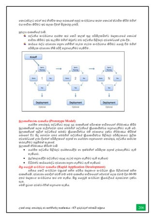 උසස් තපළ තතොරතුරු හො සන්නිතේද තොක්ෂණය - ICT ගුරුවරුන්න පමණයි සමූහය 206
තකොටස්වලට තවන්න කර ිශ්ිත කොල පරොසයක් අනුව සංවර්ධනය කරන තකොටස් ස්ථොපිත කිරීම මගින්න
එය භොවිතො කිරීමට ඉඩ සලසො දීමත් සිදුකරනු ලබයි.
සුචලය ආකෘතිතේ වොසි.
පද්ධතිය සංවර්ධනය ආරම්භ කර තකටි කලක් තුළ පරිශීලකයින්නට මෘදුකොංගතේ තකොටස්
භොවිතො කිරීමට ඉඩ සැලසීම මගින්න ඔවුන්නට නව පද්ධතිය පිළිබදව අවතබෝධයක් ලබො දීම.
කොර්යය බද්ධ අවශයතො හදුනො ගිමින්න නැවත නැවත සංවර්ධනය කිරීමට තයොමු ීම මගින්න
පරිශීලක අවශයතො ිසි පරිදි හදුනොගැනීමට හැකිීම .
මූලාකෘතිකරණ ආකෘතිය (Prototype Model)
තයෝජිත තතොරතුරු පද්ධතියට අදොළ දළ ආකෘතියක් පරිගණක භොවිතතයන්න ිර්මොණය කිරීම
මූලොකෘතියක් තලස හැදින්නතවන අතර තමමගින්න පද්ධතිතේ ක්‍රියොකොරීත්වය හදුනොගැනීමට හැකි තේ.
මූලොකෘතියක් තුළින්න පද්ධතිතේ සමස්ථ ක්‍රියොකොරීත්වය එහි අවසොනය දක්වො ිර්මොණය කිරීමක්
තබොතහෝ විට සිදු තනොවන අතර තමමගින්න පද්ධතිතේ ක්‍රියොකොරීත්වය පිළිබදව පරිශීලකයොට මූලික
අවතබෝධයක් ලබො දීතමන්න පරිශීලකතේ අදහස් හො තයෝජනො හදුනොතගන තතොරතුරු පද්ධතිය සොර්ථක
කරගැනීමට පසුබිමක් සැකතස්.
මූලොකෘති ිර්මොණය කිරීතම් වොසි
• තයෝජිත පද්ධතිය පිළිබදව ආරම්භතේදීම හො ඉක්මින්න පරිශීලක අදහස් ලබොගැනීමට ඇති
හැකියොව.
• මුල්කොලතේදීම පද්ධතියට අදොළ ගැටළු හදුනො ගැනීමට ඇති හැකියොව
• විිමත්ව කොර්යයබද්ධ අවශයතො හදුනො ගැනීමට ඇති හැකියොව
ශීඝ්‍ර තයදවුම් සංවර්ධන ආකෘතිය (Rapid Application Development)
අතිශය තකටි සංවර්ධන චක්‍රයක් සහිත තර්ඛිය මෘදුකොංග සංවර්ධන ක්‍රියො පිලිතවතක් සහිත
ආකෘතියකි. අවශයතො තහොදින්න පවතී නම් තමම ආකෘතිය භොවිතතයන්න තේගවත් තලස එනම් දින 60-90
අතර මෘදුකොංග සංවර්ධනය කර ගත හැකිය. සීඝ්‍ර තයදවුම් සංවර්ධන ක්‍රියොවලිතේ රූපසටහන දක්වො
ඇත.
තමහි ප්‍රධොන අවස්ථො 05ක් හදුනොගත හැකිය.
 