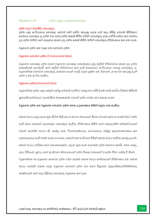 උසස් තපළ තතොරතුරු හො සන්නිතේද තොක්ෂණය - ICT ගුරුවරුන්න පමණයි සමූහය 238
ිපුණතොවය 8 - දත්ත සමුදොය කළමනොකරණය
දත්ත වලට එතරහිව තතාරතුරු
දත්ත යනු සංවිධොනය තනොකළ තහවත් ති තිව කරුණු තලස ගත් කල කිසිදු තවනස් කිරීමකට
භොජනය තනොකල දෑ දත්ත වන අතර දත්ත සකස් කිරීම මගින්න තතොරතුරු ලබො ගියි.ගබඩො කර ගන්නනො
ලද දත්ත මගින්න තහෝ ආදොනය කරන ලද දත්ත සකස් කිරීම මගින්න තතොරතුරු ිර්මොණය කර ගත හැක.
වුහගත දත්ත සහ වුහ ගත තනොවන දත්ත
වුහගත තනාවන දත්ත (Unstructured data)
වුහගත තනොකළ දත්ත (තහෝ වුහගත තනොකළ තතොරතුරු) යනු කලින්න ිර්වචනය කරන ලද දත්ත
ආකෘතියක් තනොමැති තහෝ කලින්න ිර්වචනය කර ඇති ආකොරයට සංවිධොනය තනොවූ තතොරතුරු ය.
වුහොත්මක තනොවන තතොරතුරු සොමොනයතයන්න තපළි තලස යුක්ත තේ. දිනයන්න,අංක සහ කරුණු වැි
දත්ත ද අඩංගු විය හැකිය.
වුහගත දත්ත(structured data)
වුහොත්මක දත්ත යනු තසවුම් යන්නර තත්රුම් ගැනීමට පහසු වන පරිදි ඔතබ් තවබ් අඩවිය විස්තර කිරීතම්
ක්‍රමයකි.(දත්තවලට ආතේණික මොතෘකොවක් යටතත් දත්ත ගබඩො කර සකසො ඇත)
වුහගත දත්ත සහ වුහගත තනාවන දත්ත පහත උදාහරණය මගින්න හදුනා ගත හැකිය.
සමොජ මොධය යනු තලොව පුරො සිටින බිලියන සංඛ්‍යොත ජනයොතේ ජීවන රටොතේ සහජ අංගයක් බවට පත්ව
ඇති අතර තබොතහෝ තදතනකුට තතොරතුරු බැලීම, ිර්මොණය කිරීම තහෝ තබදොගැනීම සම්බන්නධතයන්න
වඩොත් කැමතිම මොධය කි. සොප්පු යොම, විතනෝදොස්වොදය, අධයොපනය, අර්බුද කළමනොකරණය සහ
තද්ශපොලනය වැි වසම් හරහො වයොපොර, රජයන්න සහ සංවිධොන විසින්න සමොජ මොධය භොවිතො කරනු ලැතබ්.
සමොජ මොධය තේදිකො සෑම තමොතහොතකම, තලොව පුරො සෑම තැනකම දත්ත ජනනය කරයි. තමය තපළ,
රූප, ීඩිතයෝ, ශ්‍රවය, තහෝ භූ-ස්ථොන ස්වරූපතයන්න දත්ත විශොල වශතයන්න වයොප්ත ීමට තහ්තු ී තිතබ්.
වුහොත්මක හො වුහගත තනොවන දත්ත වර්ග තදකම සමොජ මොධය භොවිතතයන්න ිර්මොණය තේ. සමොජ
මොධය තපෝස්ට් එකක තපළ වුහගත තනොවන දත්ත වන අතර මිරයන්න, අනුගොමිකයන්න(follows),
කේඩොයම් තහෝ ජොල පිළිබඳ තතොරතුරු වුහගත කර ඇත.
 