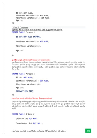 උසස් තපළ තතොරතුරු හො සන්නිතේද තොක්ෂණය - ICT ගුරුවරුන්න පමණයි සමූහය 251
ID int NOT NULL,
LastName varchar(255) NOT NULL,
FirstName varchar(255) NOT NULL,
Age int
);
UNIQUE Constraint
වගුවකට ඒක හා සමාන මාතෘකා ඔස්තස් දත්ත ඇතුලත් වීම වළක්වයි.
CREATE TABLE Persons (
ID int NOT NULL UNIQUE,
LastName varchar(255) NOT NULL,
FirstName varchar(255),
Age int
);
ප්‍රාථමික යතුරු සම්බාධක(Primary key constraints)
ප්‍රොථමික තක් අවහිරතො වගුවක ඇති සෑම වොර්තොවක්ම අද්විතීය තලස හඳුනො ගනී. ප්‍රොථමික යතුරු වල
UNIQUE අගයන්න අඩංගු විය යුතු අතර NULL අගයන්න අඩංගු විය තනොහැක. වගුවකට තිබිය හැක්තක්
එක් ප්‍රොථමික යතුරක් පමණි; සහ වගුතේ, තමම ප්‍රොථමික යතුර ති තහෝ බහු තීරු වලින්න සමන්නවිත
විය හැකිය
CREATE TABLE Persons (
ID int NOT NULL,
LastName varchar(255) NOT NULL,
FirstName varchar(255),
Age int,
PRIMARY KEY (ID)
);
ආගන්නතුක යතුරු සම්බොධක(foreign Key constraints)
විතද්ශීය යතුරක් එහි මූලික යතුර තයොමු කරමින්න තවනත් වගුවකට තම්සයකට සම්බන්නධ තේ. විතද්ශීය
යතුරු අවහිරයක් මඟින්න යතුරට අඩංගු විය හැක්තක් තයොමු කරන ලද ප්‍රොථමික යතුතර් ඇති අගයන්න
පමණක් වන අතර එමඟින්න යතුරු තදතකහි සම්බන්නධ ී ඇති දත්තවල ආශ්‍රිත අඛ්‍ේඩතොව සහතික
කරයි.
CREATE TABLE Orders (
OrderID int NOT NULL,
OrderNumber int NOT NULL,
 