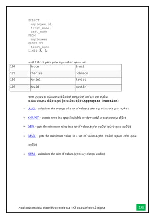 උසස් තපළ තතොරතුරු හො සන්නිතේද තොක්ෂණය - ICT ගුරුවරුන්න පමණයි සමූහය 258
SELECT
employee_id,
first_name,
last_name
FROM
employees
ORDER BY
first_name
LIMIT 3, 5;
තමහි 3 සිට 5 දක්වො දත්ත බලො ගනීමට අවශය තේ
104 Bruce Ernst
179 Charles Johnson
109 Daniel Faviet
105 David Austin
ඉහත උදොහරණ අධයයනය කිරීතමන්න පහසුතවන්න තත්රුම් ගත හැකිය.
සංඛ්‍ා ගණනය කිරීම සදහා ශ්‍රිත භාවිතා කිරීම (Aggregate Function)
• AVG – calculates the average of a set of values.(දත්ත වල මධයයනය ලබො ගැනීම)
• COUNT – counts rows in a specified table or view.(තප්ළි ගණන ගනනය කිරීම)
• MIN – gets the minimum value in a set of values.(දත්ත අතුරින්න කුඩොම අගය තසීම)
• MAX – gets the maximum value in a set of values.(දත්ත අතුරින්න කුඩොම දත්ත අගය
තසීම)
• SUM – calculates the sum of values.(දත්ත වල ඒකතුව තසීම)
 