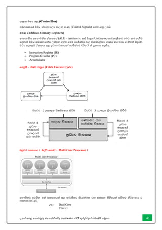 උසස් තපළ තතොරතුරු හො සන්නිතේද තොක්ෂණය - ICT ගුරුවරුන්න පමණයි සමූහය 41
පාලන බසය යනු (Control Bus)
පරිගණකතේ විවිධ ස්ථොන වලට පොලන සංඥො (Control Signals) තගන යනු ලබයි.
මතක තරජිස්තර (Memory Registers)
අංක ගණිත හො තොර්කික ඒකකතේ (ALU – Arithmetic and Logic Unit) සංඥො තොවකොලිකව ගබඩො කර තැබීම
සඳහොත් විවිධ සකසනයන්නට ලක්වන දත්ත තමම තරජිස්තර වල තොවකොලිකව ගබඩො කර තබො ගැනීමත් සිදුතේ.
මධය සැකසුම් ඒකකය තුළ ප්‍රධොන වශතයන්න තරජිස්තර වර්ග 3 ක් දැකගත හැකිය.
• Instruction Register (IR)
• Program Counter (PC)
• Accumulator
fijqï - ksIap pl%h (Fetch Execute Cycle)
nyqjr ilikh ^ u,aá fldama - Multi Core Processor &
fN!;slj mj;sk tla ilikhla ;=< ;d¾lslj l%shd;aul jk ilik lsysmhla iys;j ks¾udKh jQ
ilikhka fõ'
Wod- Dual Core
Core i3
 
