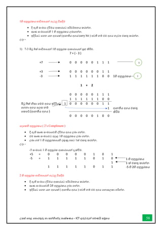 උසස් තපළ තතොරතුරු හො සන්නිතේද තොක්ෂණය - ICT ගුරුවරුන්න පමණයි සමූහය 58
1හි අනුපූරකය භොවිතතයන්න ගැටලු විසදීම
• දී ඇති සංඛ්‍යො ද්විමය ආකොරයට පරිවර්තනය කරන්නන.
• සෘණ සංඛ්‍යොතවහි 1 හි අනුපූරකය ලබොගන්නන.
• ඉදිරියට තගන යන අගයක් (ආනතීය අගය/carry bit ) පවතී නම් එම අගය නැවත එකතු කරන්නන.
උදො -
1) 7-3 බිටු 8ක් භොවිතතයන්න 1හි අනුපූරක ආකොරතයන්න සුළු කිරීම.
7 + ( - 3 )
+7 0 0 0 0 0 1 1 1
+3 0 0 0 0 0 0 1 1
-3 1 1 1 1 1 1 0 0 1හි අනුපූරකය
1 + 2
0 0 0 0 0 1 1 1
1 1 1 1 1 1 0 0
බිටු 9ක් ිසො තමම අගය ඉදිරියට
තගනො අගය තලස නම්
තකතර්.(ආනතීය අගය )
1 0 0 0 0 0 0 1 1
1 ආනතීය අගය එකතු
කිරීම
0 0 0 0 0 1 0 0
තදතකහි අනුපූරකය ( 2’s Compliment )
• දී ඇති සෘණ සංඛ්‍යොතවහි ද්විමය අගය ලබො ගන්නන.
• එම සෘණ සංඛ්‍යොවට අදොළ 1හි අනුපූරකය ලබො ගන්නන.
• ලබො ගත් 1 හි අනුපූරකතයහි දකුණු පසට 1ක් එකතු කරන්නන.
උදො -
-5 සංඛ්‍යොව 1 හි අනුපූරක ආකොරතයන්න දැක්ීම.
+5 = 0 0 0 0 0 1 0 1
-5 = 1 1 1 1 1 0 1 0
1
1 1 1 1 1 0 1 1
2 හි අනුපූරක භොවිතතයන්න ගැටලු විසදීම
• දී ඇති සංඛ්‍යො ද්විමය ආකොරයට පරිවර්තනය කරන්නන.
• සෘණ සංඛ්‍යොතවහි 2හි අනුපූරකය ලබො ගන්නන.
• ඉදිරියට තගන යන අගයක් ( ආනතීය අගය ) පවතී නම් එම අගය තනොසලකො හරින්නන.
1 හි අනුපූරකය
1 ක් එකතු කරන්නන
-5 හි 2හි අනුපූරකය
2
1
 