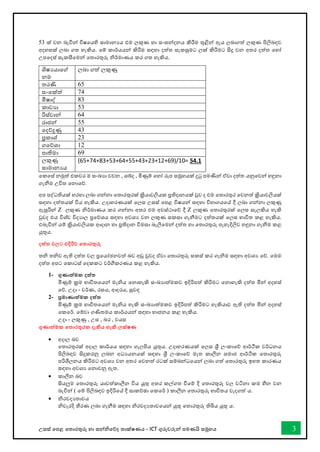 උසස් තපළ තතොරතුරු හො සන්නිතේද තොක්ෂණය - ICT ගුරුවරුන්න පමණයි සමූහය 3
53 ක් වන බැවින්න විෂතයහි සොමොනයය එම ලකුණ හො සංසන්නදනය කිරීම තුළින්න ඇය ලබොගත් ලකුණ පිලිබඳව
අදහසක් ලබො ගත හැකිය. තම් කොර්යයන්න කිරීම සඳහො දත්ත සැකසුමට ලක් කිරීමට සිදු වන අතර දත්ත තහෝ
උපතදස් සැකසීතමන්න තතොරතුරු ිර්මොණය කර ගත හැකිය.
ශිෂයයොතේ
නම
ලබො ගත් ලකුණු
තරණි 65
සංතක්ත් 74
මිෂොද් 83
කොවයො 53
රිස්වොන්න 64
රොජන්න 55
තදේදුණු 43
ප්‍රකොශ් 23
ගතේශො 12
පොතිමො 69
ලකුණු
සොමොනයය
(65+74+83+53+64+55+43+23+12+69)/10= 54.1
තකතස් නමුත් එකවර ම සංඛ්‍යො වචන , ශබ්ද , මිණුම් තහෝ රූප සමූහයක් දුටු පමණින්න ඒවො දත්ත යනුතවන්න හඳුනො
ගැනීම උිත තනොතේ.
අප පද්ධතියක් හරහො ලබො ගන්නනො තතොරතුරක් ක්‍රියොවලියක ප්‍රතිදොනයක් වුව ද එම තතොරතුර තවනත් ක්‍රියොවලියක්
සඳහො දත්තයක් විය හැකිය. උදොහරණයක් තලස උසස් තපළ විෂයන්න සඳහො විභොගයතේ දී ලබො ගන්නනො ලකුණු
ඇසුරින්න Z ලකුණ ිර්මොණය කර ගන්නනො අතර එම අවස්ථොතේ දී Z ලකුණ තතොරතුරක් තලස සැලකිය හැකි
වුවද එය විශ්ව විදයොල ප්‍රතේශය සඳහො අවශය වන ලකුණ සකසො ගැනීමට දත්තයක් තලස භොවිත කළ හැකිය.
එබැවින්න යම් ක්‍රියොවලියක ආදොන හො ප්‍රතිදොන විමසො බැලීතමන්න දත්ත හො තතොරතුරු පැහැදිලිව හඳුනො ගැනීම කළ
යුතුය.
දත්ත වලට එදිරිව තතාරතුරු
ති තිව ඇති දත්ත වල ප්‍රතයෝජනවත් බව අඩු වුවද ඒවො තතොරතුරු සකස් කර ගැිම සඳහො අවශය තේ. තමම
දත්ත අපට තකොටස් තදකකට වර්ීකරණය කළ හැකිය.
1- ගුණාත්මක දත්ත
මිණුම් ක්‍රම භොවිතතයන්න මැිය තනොහැකි සංඛ්‍යොත්මකව ඉදිරිපත් කිරිමට තනොහැකි දත්ත මින්න අදහස්
තේ. උදො - වර්ණ, රසය, ආදරය, සුවඳ
2- ප්‍රමාණාත්මක දත්ත
මිණුම් ක්‍රම භොවිතතයන්න මැිය හැකි සංඛ්‍යොත්මකව ඉදිරිපත් කිරිමට හැකියොව ඇති දත්ත මින්න අදහස්
තකතර්. තම්වො ගණිතමය කොර්යයන්න සඳහො භොජනය කළ හැකිය.
උදො - ලකුණු , උස , බර , වයස
ගුණාත්මක තතාරතුරක දැකිය හැකි ලක්ෂණ
• අදොල බව
තතොරතුරක් අදොල කොර්යය සඳහො ගැලපිය යුතුය. උදොහරණයක් තලස ශ්‍රී ලංකොතේ ආර්ික වර්ධනය
පිලිබඳව සිදුකරනු ලබන අධයයනයක් සඳහො ශ්‍රී ලංකොතේ මෑත කොලීන සමොජ ආර්ික තතොරතුරු
පරිශීලනය කිරීමට අවශය වන අතර තවනත් රටක් සම්බන්නධතයන්න ලබො ගත් තතොරතුරු ඉහත කොරණය
සඳහො අවශය තනොවනු ඇත.
• කොලීන බව
සියලුම තතොරතුරු යොවත්කොලීන විය යුතු අතර කල්ගත ීතම් දී තතොරතුරු වල වටිනො කම හීන වන
බැවින්න ( තම් පිලිබඳව ඉදිරිතේ දී සොකච්ඡො තකතර් ) කොලීන තතොරතුරු භොවිතය වැදගත් ය.
• ිරවදයතොවය
ිවැරදි තීරණ ලබො ගැනීම සඳහො ිරවදයතොවතයන්න යුතු තතොරතුරු තිබිය යුතු ය.
 