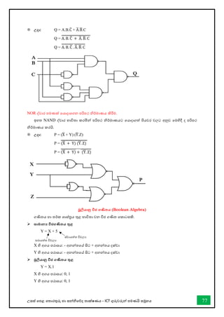 උසස් තපළ තතොරතුරු හො සන්නිතේද තොක්ෂණය - ICT ගුරුවරුන්න පමණයි සමූහය 77
 උදා: Q = A.B.C
̅ + A
̅.B
̅.C
Q = A. B. C
̅ + A
̅. B
̅. C
̿̿̿̿̿̿̿̿̿̿̿̿̿̿̿̿̿̿̿̿̿
Q = A. B. C
̅
̅̅̅̅̅̅̅̅. A
̅. B
̅. C
̅̅̅̅̅̅̅̅
̅̅̅̅̅̅̅̅̅̅̅̅̅̅̅̅̅
NOR ද්වාර පමණක් වයාදොතගන පරිපථ ිර්මොණය කිරීම.
ඉහත NAND ද්වාර භ්‍ාවිතා කරමින් පරිපථ නිර්කමාණයට වයාදාගත් පියවර වලට අනුව වමහිදී ද පරිපථ
නිර්කමාණය කරයි.
 උදා: P = (X
̅ + Y) (Y
̅.Z)
P = (X
̅ + Y) (Y
̅. Z)
̿̿̿̿̿̿̿̿̿̿̿̿̿̿̿̿̿̿̿
P = (X
̅ + Y)
̅̅̅̅̅̅̅̅̅̅̅ + (Y
̅. Z)
̅̅̅̅̅̅̅̅
̅̅̅̅̅̅̅̅̅̅̅̅̅̅̅̅̅̅̅̅̅̅
බූලියානු වීජ ගණිතය (Boolean Algebra)
ගණිතය හො තර්ක ශොස්රය තුළ භොවිතො වන ීජ ගණිත තකොටසකි.
➢ සාමාන‍ වීජගණිතය තුළ
Y = X + 5
X හි අගය පරොසය: - අනන්තවේ සිට + අනන්තය දක්වා
Y හි අගය පරොසය: - අනන්තවේ සිට + අනන්තය දක්වා
➢ බූලියානු වීජ ගණිතය තුළ
Y = X.1
X හි අගය පරොසය: 0, 1
Y හි අගය පරොසය: 0, 1
පරායත්ත විචලය
ස්ත්වායත්ත විචලය
A
B
C Q
X
Y
Z
P
 