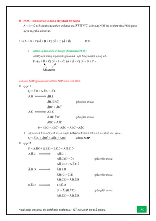 උසස් තපළ තතොරතුරු හො සන්නිතේද තොක්ෂණය - ICT ගුරුවරුන්න පමණයි සමූහය 80
 POS – එකතුවන්කේ ගුණිතය (Product Of Sum)
A + B + 𝐶̅ වැි ඓකය පදයන්නතේ ගුණිතය තේ. A + B + C
̅̅̅̅̅̅̅̅̅̅̅̅̅ වැි තයදූ NOT පද ඇත්නම් ඒවො POS ප්‍රකොශ
තලස සැලකිය වනාහැක.
F = (A + B + C) (𝐴̅ + B + C) (𝐴̅ + C) (𝐴̅ + 𝐵
̅) POS
 සම්මත ගුණිතයන්නතේ එකතුව (Standard POS)
තමහිදී සෑම එකතු පදයකටම ප්‍රකොශවේ සෑම විචලයයක්ම අඩංගු තේ.
F =(A + 𝐵
̅ + 𝐶̅) (𝐴̅ + B + 𝐶̅) (A + 𝐵
̅ + C) (𝐴̅ + B + C )
ස්තාමානය SOP ප්‍රකාශනයක් ස්තම්මත SOP බවට පත් කිරීම.
 උදා: 1
Q = 𝐴̅.B + A.𝐵
̅.C + 𝐴̅.C
A.B 𝐴̅B.1
𝐴̅B.(C+𝐶̅) ප්‍රතිවලෝම නයාය
𝐴̅BC + 𝐴̅B𝐶̅
A.C A.1.C
A.(B+𝐵
̅).C ප්‍රතිවලෝම නයාය
ABC + A𝐵
̅C
Q = 𝐴̅BC + 𝐴̅B𝐶̅ + A𝐵
̅C + ABC + A𝐵
̅C
 අවස්තානවේ දී තවද්වභ්‍ාී නයාය අනුව වැඩිපුර ඇි එකම වර්කගවේ පද ඉවත් කල යුතුය.
Q = 𝐴̅BC + 𝐴̅B𝐶̅ + A𝐵
̅C + ABC සම්මත SOP
 උදා: 2
F = A.B.
̅C + A
̅.B.D + B.C
̅.D + A.B
̅.C.D
̅
A.B
̅.C A.B
̅.C.1
A.B
̅.C.(D + D
̅) ප්‍රතිවලෝම නයාය
A.B
̅.C.D + A.B
̅.C.D
̅
A
̅.B.D A
̅.B.1.D
A
̅.B.(C + C
̅).D ප්‍රතිවලෝම නයාය
A
̅.B.C.D + A
̅.B.C
̅.D
B.C
̅.D 1.B.C
̅.D
(A + A
̅).(B.C
̅.D) ප්‍රතිවලෝම නයාය
A.B.C
̅.D + A
̅.B.C
̅.D
Maxterm
 