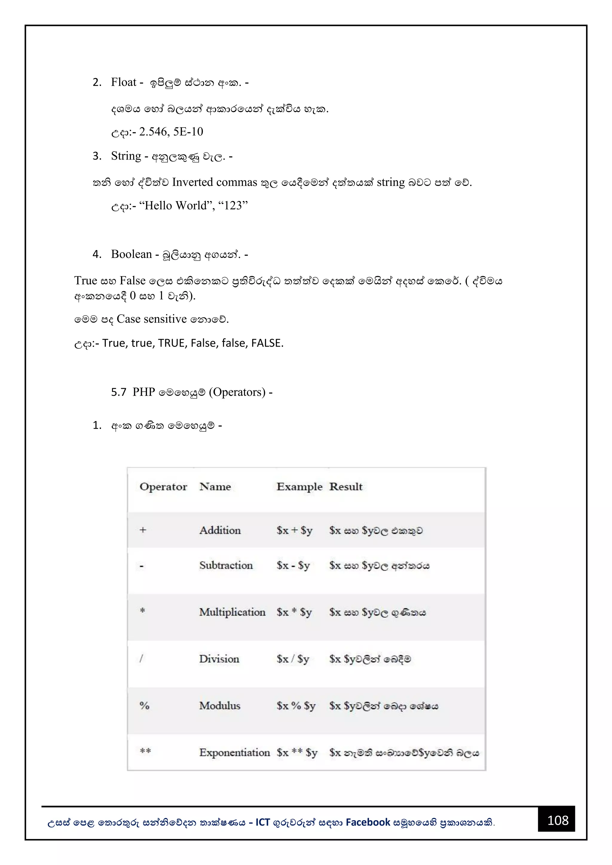 108
උසස් පෙළ ප ොරතුරු සන්නිපේදන ොක්ෂණය - ICT ගුරුවරුන්න සඳහො Facebook සමූහපයහි ප්‍රකොශනයකි.
2. Float - ඉපිලුම් ස්ථොන අංක. -
දශමය වහෝ ෙලයන්න ආකොරවයන්න දැක්විය හැක.
උදො:- 2.546, 5E-10
3. String - අනුලකුණු වැල. -
ති වහෝ ද්විත්ව Inverted commas තුල වයදීවමන්න දත්තයක් string ෙවට පත් වේ.
උදො:- “Hello World”, “123”
4. Boolean - බූලියොනු අගයන්න. -
True සහ False වලස එකිවනකට ප්‍රතිවිරුද්ධ තත්ත්ව වදකක් වමයින්න අදහස් වකවර්. ( ද්විමය
අංකනවයදී 0 සහ 1 වැි).
වමම පද Case sensitive වනොවේ.
උදො:- True, true, TRUE, False, false, FALSE.
5.7 PHP වමවහයුම් (Operators) -
1. අංක ගණිත වමවහයුම් -
 