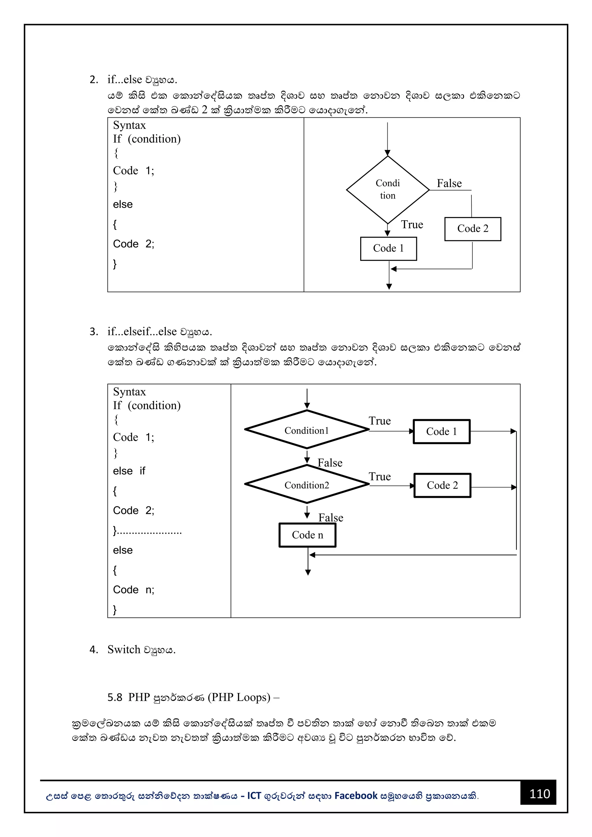 110
උසස් පෙළ ප ොරතුරු සන්නිපේදන ොක්ෂණය - ICT ගුරුවරුන්න සඳහො Facebook සමූහපයහි ප්‍රකොශනයකි.
2. if...else වුහය.
යම් කිසි එක වකොන්නවද්සියක තෘප්තත දිශොව සහ තෘප්තත වනොවන දිශොව සලකො එකිවනකට
වවනස් වක්ත ඛණ්ඩ 2 ක් ක්‍රියොත්මක කිරීමට වයොදොගැවන්න.
Syntax
If (condition)
{
Code 1;
}
else
{
Code 2;
}
False
True
3. if...elseif...else වුහය.
වකොන්නවද්සි කිහිපයක තෘප්තත දිශොවන්න සහ තෘප්තත වනොවන දිශොව සලකො එකිවනකට වවනස්
වක්ත ඛණ්ඩ ගණනොවක් ක් ක්‍රියොත්මක කිරීමට වයොදොගැවන්න.
Syntax
If (condition)
{
Code 1;
}
else if
{
Code 2;
}......................
else
{
Code n;
}
True
False
True
False
4. Switch වුහය.
5.8 PHP පුනර්කරණ (PHP Loops) –
ක්‍රමවල්ඛනයක යම් කිසි වකොන්නවද්සියක් තෘප්තත වී පවතින තොක් වහෝ වනොවී තිවෙන තොක් එකම
වක්ත ඛණ්ඩය නැවත නැවතත් ක්‍රියොත්මක කිරීමට අවශය ූ විට පුනර්කරන භොවිත වේ.
Condi
tion
Code 1
Code 2
Code 1
Condition1
Code n
Condition2 Code 2
 