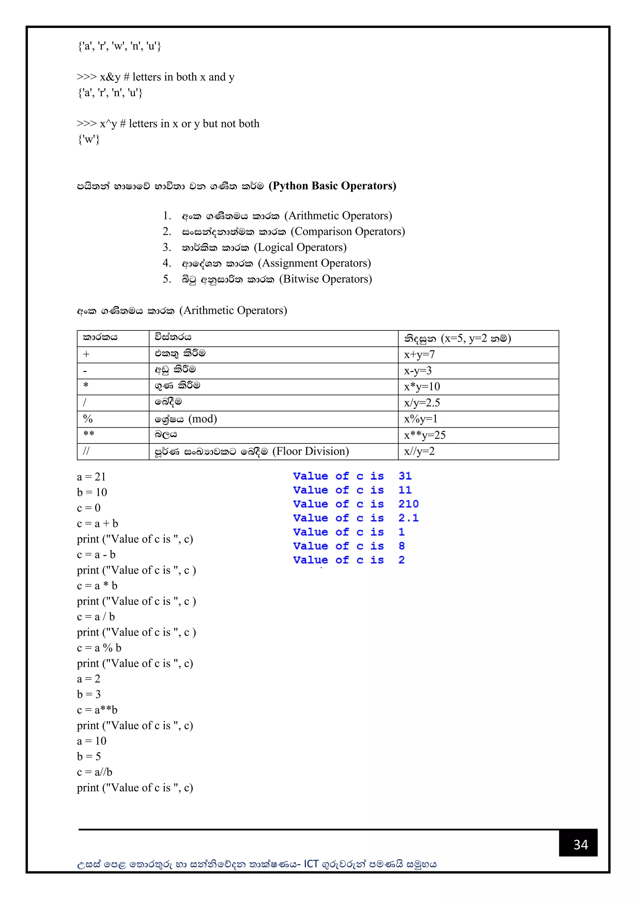 උසස් පෙළ ප ොරතුරු හො සන්නිපේදන ොක්ෂණය- ICT ගුරුවරුන්න ෙමණයි සමූහය
34
{'a', 'r', 'w', 'n', 'u'}
>>> x&y # letters in both x and y
{'a', 'r', 'n', 'u'}
>>> x^y # letters in x or y but not both
{'w'}
mhs;ka NdIdfõ Ndú;d jk .Ks; l¾u (Python Basic Operators)
1. wxl .Ks;uh ldrl (Arithmetic Operators)
2. ixikaokd;aul ldrl (Comparison Operators)
3. ;d¾lsl ldrl (Logical Operators)
4. wdfoaYk ldrl (Assignment Operators)
5. ìgq wkqidß; ldrl (Bitwise Operators)
wxl .Ks;uh ldrl (Arithmetic Operators)
a = 21
b = 10
c = 0
c = a + b
print ("Value of c is ", c)
c = a - b
print ("Value of c is ", c )
c = a * b
print ("Value of c is ", c )
c = a / b
print ("Value of c is ", c )
c = a % b
print ("Value of c is ", c)
a = 2
b = 3
c = a**b
print ("Value of c is ", c)
a = 10
b = 5
c = a//b
print ("Value of c is ", c)
ldrlh úia;rh ksoiqk (x=5, y=2 kï)
+ tl;= lsÍu x+y=7
- wvq lsÍu x-y=3
* .=K lsÍu x*y=10
/ fnoSu x/y=2.5
% fY%aIh (mod) x%y=1
** n,h x**y=25
// mQ¾K ixLHdjlg fnoSu (Floor Division) x//y=2
 