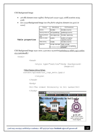 97
උසස් පෙළ ප ොරතුරු සන්නිපේදන ොක්ෂණය - ICT ගුරුවරුන්න සඳහො Facebook සමූහපයහි ප්‍රකොශනයකි.
CSS Background Image
• යම් කිසි element එකක පසුබිමට පින්නතුරයක් වයොදන අයුරු වමහිදී සොකච්ඡො කරනු
ලෙයි.
• ඔෙ වයොදනBackground Image එක ිතැතින්නම සම්පුර්ණ element එක පුරොවටම
වයවද්.
Table properties
CSS Background Image සදහො පහත උදොහරණය සලකන්නන(අන්නතර්ජොලය මගින්න උපුටො ගන්නනො
ලද උදොහරණයකි.)
<html>
<head>
<style type="text/css">body {background-
image:url
(http://www.cmb.ac.lk/wp-
content/uploads/uoc_logo_moto.jpg);}
</style>
</head>
<body>
<h1> The oldest University in Sri Lanka</h1>
</body>
 