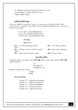 83
උසස් පෙළ ප ොරතුරු සන්නිපේදන ොක්ෂණය - ICT ගුරුවරුන්න සඳහො Facebook සමූහපයහි ප්‍රකොශනයකි.
<tr><td>Row 2 Cell 2</td><td>Row 2 Cell 3</td></tr>
<tr><td colspan="3">Row 3 Cell 1</td></tr>
</table></body></html>
,ehsia;= (HTML Lists)
fjí wvú ieliSfï § fnfyúka u wjYH jk fohla f,i ,ehsia;= ilia lsÍu (List)
fmkajd Èh hq;= h' f;dr;=re jd¾;d lsÍfï § fuu ,ehsia;= ilia lsÍu w;HjYH fohla f,i
fndfyda fokd i,l;s'
• wxl iys; ,ehsia;= (Ordered Lists)
• wxl rys; ,ehsia;= (Unordered Lists)
• úia;r iys; ,ehsia;= (Definition Lists)
List Tags
Tag úia;rh
<ol> - wxl iys; ,ehsia;=jla olajhs <ul> - wxl rys; ,ehsia;=jla
olajhs
<li> - ,ehsia;=fõ we;s tl whs;uhla olajhs <dl>- úia;r iys; ,ehsia;=jla
olajhs
<dt> - úia;r flfrk whs;uh olajhs <dd> - úia;rh olajhs
wxl iys; ,ehsia;=
,ehsia;=fõ whs;u wxl iys;j olajhs' <ol> Tag tflka wdrïN lrhs' whs;uhla <li> Tag
tflka wdrïNfõ'
<ol>
<li>Coffee</li>
<li>Milk</li></ol>
Browser tl ;=,ska olsk wdldrh
1. Coffee
2. Milk
The type Attribute
<ol type="1"> - Default-Case Numerals.
<ol type="I"> - Upper-Case Numerals.
<ol type="i"> - Lower-Case Numerals.
<ol type="a"> - Lower-Case Letters.
<ol type="A"> - Upper-Case Letters.
 