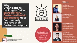 Custom er Experience Update
Exclusive Webinar
Why
Organizations
Looking to Deliver
Extraordinary,
Customer-Centric
Experiences Must
Continuously
Improve their
Customer Insights
Ron Dutta
With
Megan Burns
Michelle Buretta
Tyler Andre
October 21, 2021
Director of Business
Development
Founder, Experience
Enterprises
Director, Worldwide
Customer Experience.
Data Center Group
Lenovo
Human-Centered
Innovation Executive,
Advisory Board Member
for George Washington
Universities CXprogram
11:00 am PDT
2:00 pm EDT
6:00 pm GMT
 