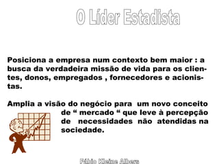 Fábio Kleine Albers O Líder Estadista Posiciona a empresa num contexto bem maior : a busca da verdadeira missão de vida para os clien- tes, donos, empregados , fornecedores e acionis- tas. Amplia a visão do negócio para  um novo conceito de “ mercado “ que leve à percepção de  necessidades  não  atendidas na sociedade. 