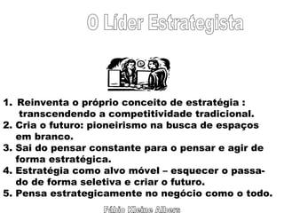 Fábio Kleine Albers O Líder Estrategista Reinventa o próprio conceito de estratégia :  transcendendo a competitividade tradicional. 2. Cria o futuro: pioneirismo na busca de espaços em branco. 3. Sai do pensar constante para o pensar e agir de forma estratégica. 4. Estratégia como alvo móvel – esquecer o passa- do de forma seletiva e criar o futuro. 5. Pensa estrategicamente no negócio como o todo. 
