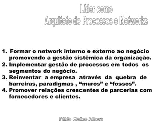 Fábio Kleine Albers Líder como Arquiteto de Processos e Networks Formar o network interno e externo ao negócio promovendo a gestão sistêmica da organização. 2. Implementar gestão de processos em todos  os segmentos do negócio. 3. Reinventar  a empresa  através  da  quebra  de barreiras, paradigmas , “muros” e “fossos”. 4. Promover relações crescentes de parcerias com fornecedores e clientes. 