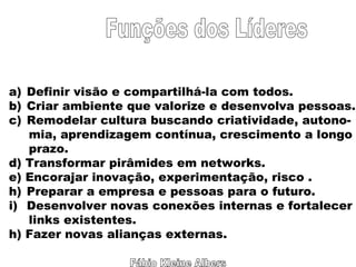 Fábio Kleine Albers Funções dos Líderes Definir visão e compartilhá-la com todos. Criar ambiente que valorize e desenvolva pessoas. Remodelar cultura buscando criatividade, autono- mia, aprendizagem contínua, crescimento a longo prazo. d) Transformar pirâmides em networks. e) Encorajar inovação, experimentação, risco . Preparar a empresa e pessoas para o futuro. Desenvolver novas conexões internas e fortalecer links existentes. h) Fazer novas alianças externas. 