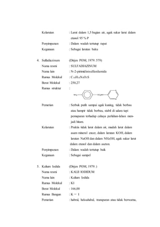 Kelarutan : Larut dalam 1,5 bagian air, agak sukar larut dalam
etanol 95 % P
Penyimpanan : Dalam wadah tertutup rapat
Kegunaan : Sebagai larutan baku
4. Sulfadiazinum (Dirjen POM, 1979: 579)
Nama resmi : SULFADIAZINUM
Nama lain : N-2-pirimidinisulfanilamida
Rumus Molekul : C10H10N4O5S
Berat Molekul : 250,27
Rumus struktur :
Pemerian : Serbuk putih sampai agak kuning, tidak berbau
atau hampir tidak berbau, stabil di udara tapi
pemaparan terhadap cahaya perlahan-lahan men-
jadi hitam.
Kelarutan : Praktis tidak larut dalam air, mudah larut dalam
asam mineral encer, dalam larutan KOH, dalam
larutan NaOH dan dalam NH4OH, agak sukar larut
dalam etanol dan dalam aseton.
Penyimpanan : Dalam wadah tertutup baik
Kegunaan : Sebagai sampel
5. Kalium Iodida (Dirjen POM, 1979: )
Nama resmi : KALII IODIDUM
Nama lain : Kalium Iodida
Rumus Molekul : KI
Berat Molekul : 166,00
Rumus Bangun : K I
Pemerian : habrul, heksahdral, transparan atau tidak berwarna,
 
