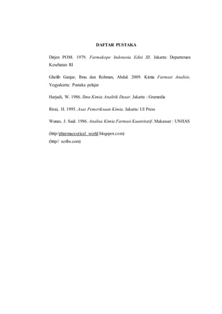 DAFTAR PUSTAKA
Dirjen POM. 1979. Farmakope Indonesia Edisi III. Jakarta: Departemen
Kesehatan RI
Gholib Ganjar, Ibnu dan Rohman, Abdul. 2009. Kimia Farmasi Analisis.
Yogyakarta: Pustaka pelajar
Harjadi, W. 1986. Ilmu Kimia Analitik Dasar. Jakarta : Gramedia
Rivai, H. 1995. Asas Pemeriksaan Kimia. Jakarta: UI Press
Wunas, J. Said. 1986. Analisa Kimia Farmasi Kuantitatif. Makassar : UNHAS
(http//pharmaceutical world.blogspot.com)
(http// scribs.com)
 