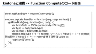 33
kintoneと連携 ～ Function Computeのコード画面
const getRawBody = require('raw-body’);
module.exports.handler = function(req, resp...