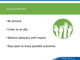 Group Norms
•Be present.
•Listen as an ally.
•Balance advocacy with inquiry.
•Stay open to many possible outcomes.
15
 