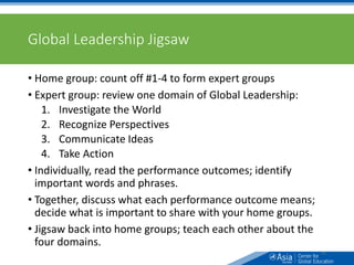 Global Leadership Jigsaw
• Home group: count off #1-4 to form expert groups
• Expert group: review one domain of Global Leadership:
1. Investigate the World
2. Recognize Perspectives
3. Communicate Ideas
4. Take Action
• Individually, read the performance outcomes; identify
important words and phrases.
• Together, discuss what each performance outcome means;
decide what is important to share with your home groups.
• Jigsaw back into home groups; teach each other about the
four domains.
41
 