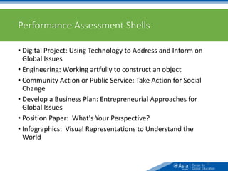Performance Assessment Shells
• Digital Project: Using Technology to Address and Inform on
Global Issues
• Engineering: Working artfully to construct an object
• Community Action or Public Service: Take Action for Social
Change
• Develop a Business Plan: Entrepreneurial Approaches for
Global Issues
• Position Paper: What's Your Perspective?
• Infographics: Visual Representations to Understand the
World
61
 